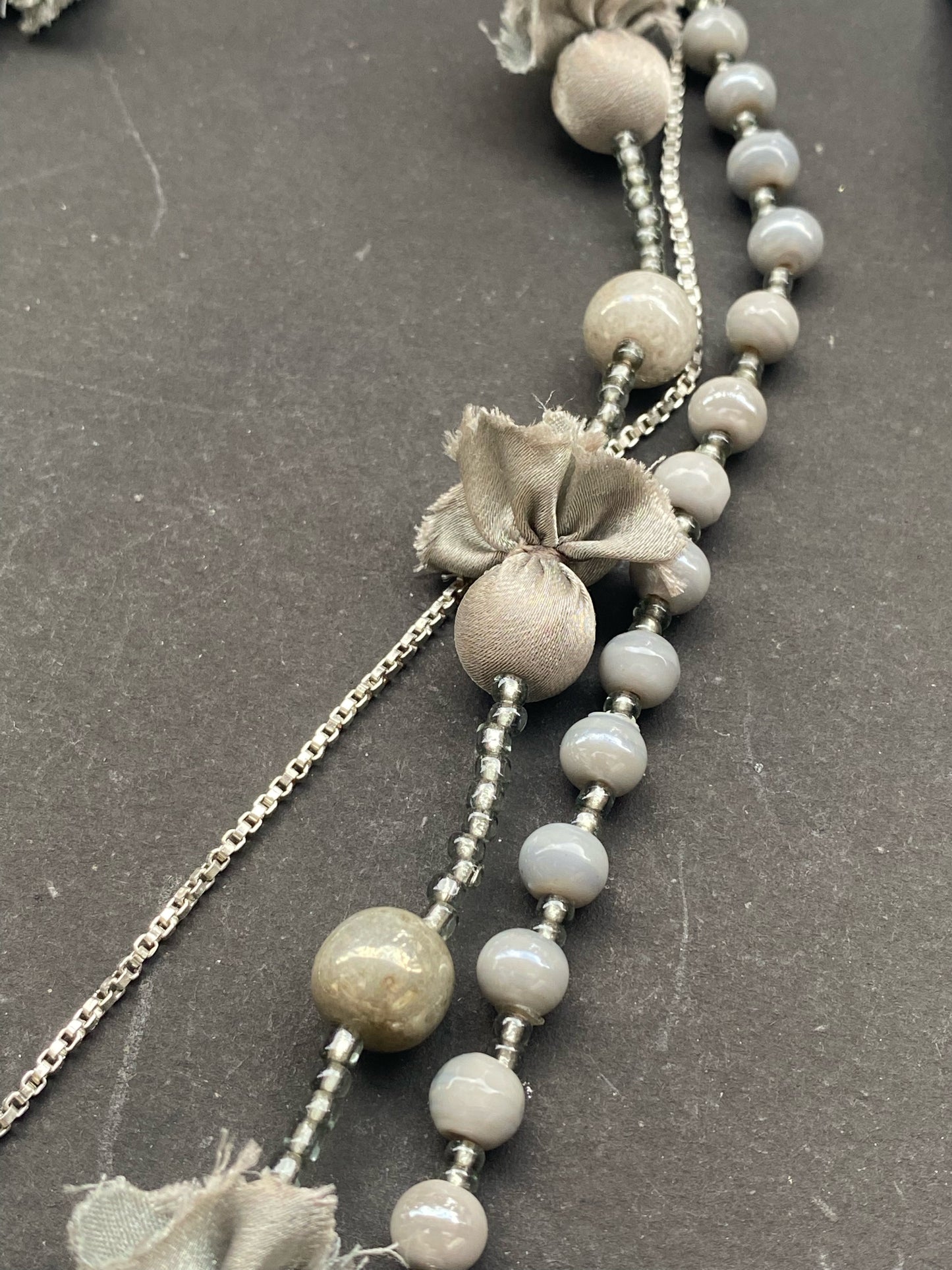 Grey Beaded Layered Necklace with Fabric Accents
