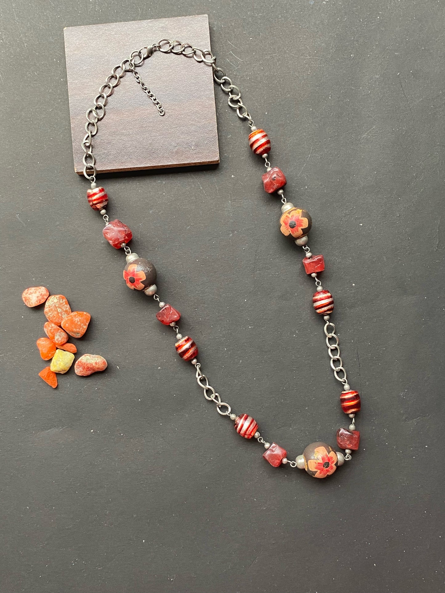 Handcrafted Floral & Striped Bead Necklace