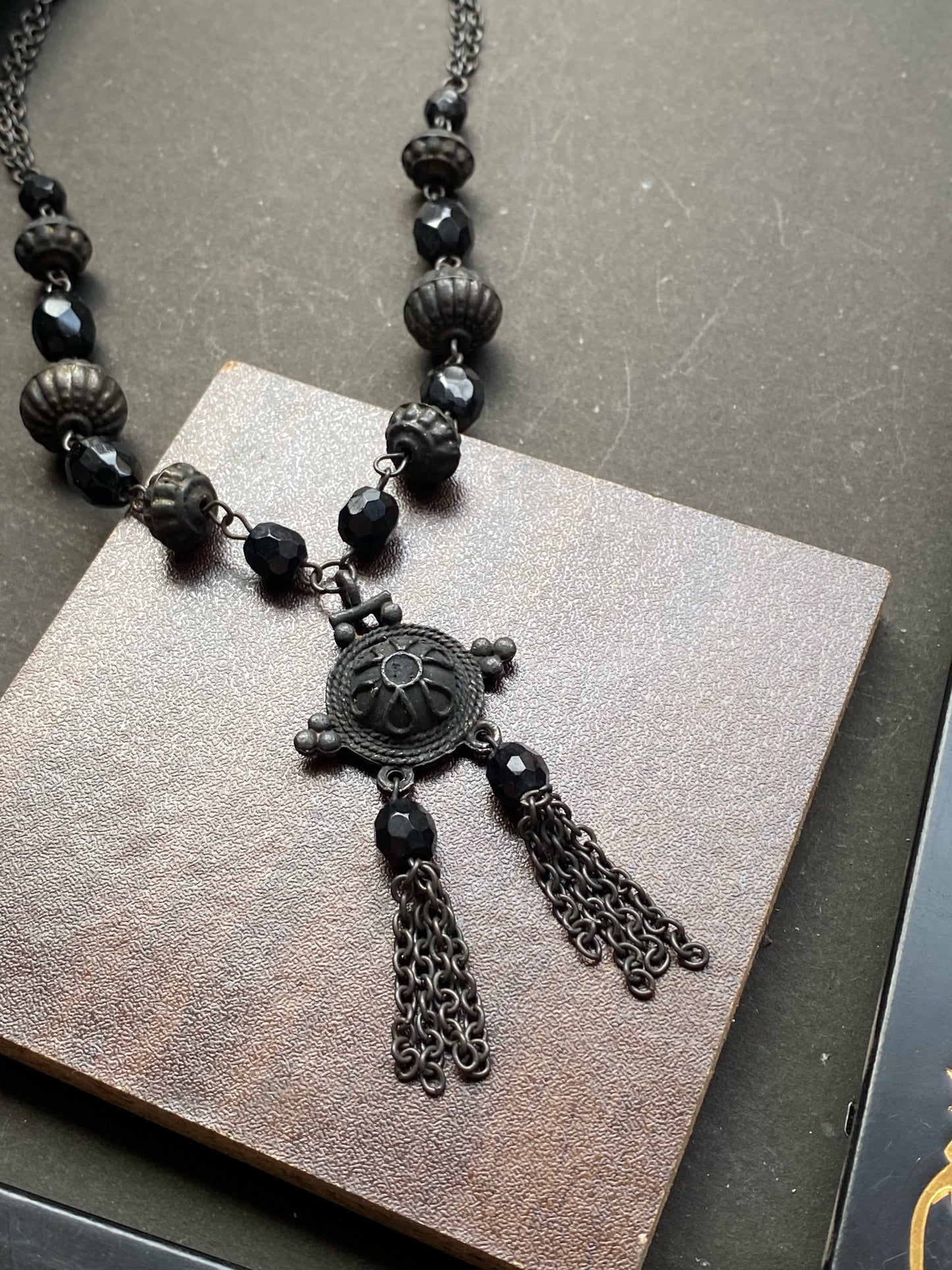 Black Bead & Oxidised Silver Pendant Necklace
