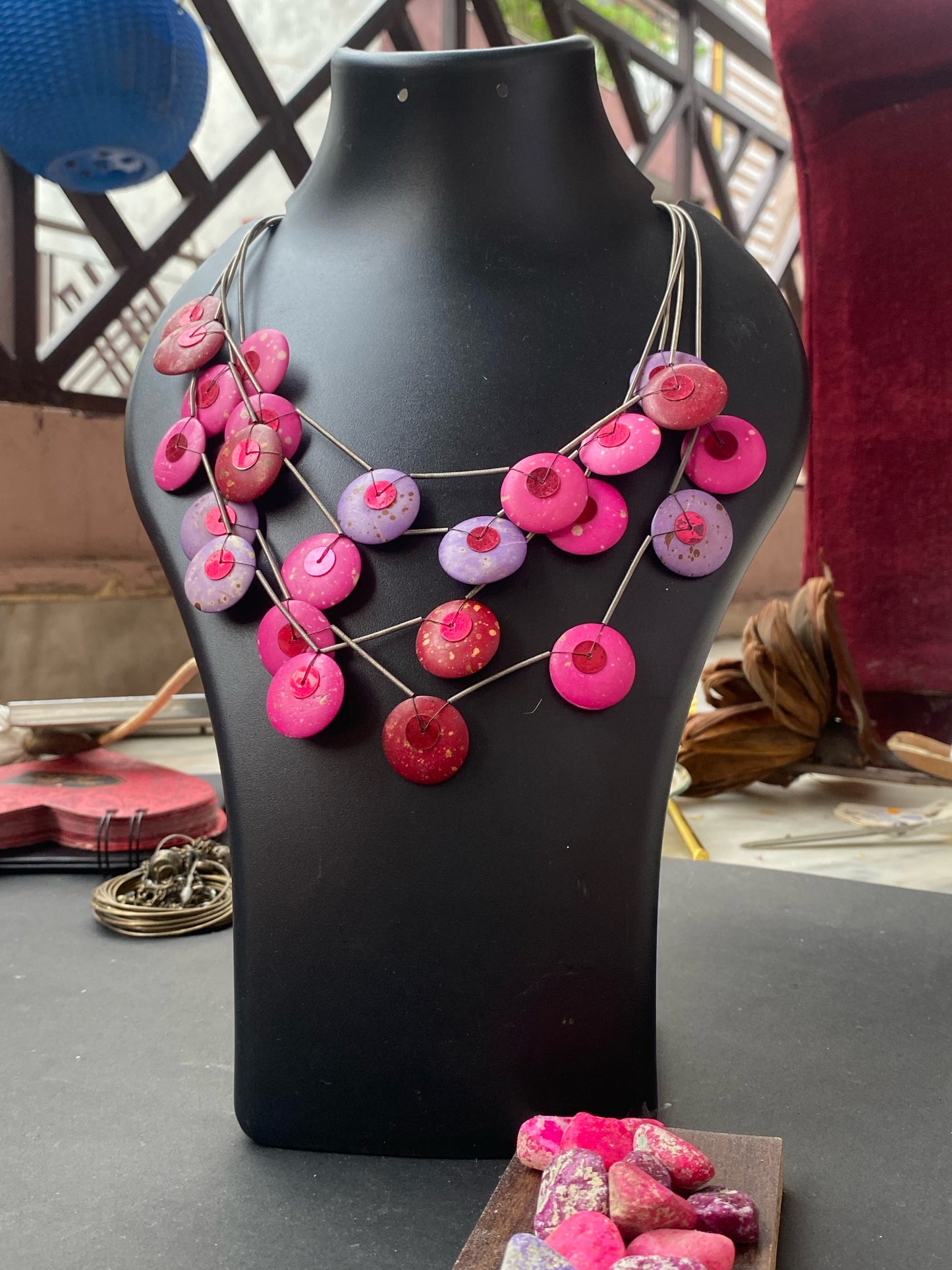 Multicolor Layered Disc Bead Statement Necklace – Earthy Boho Style