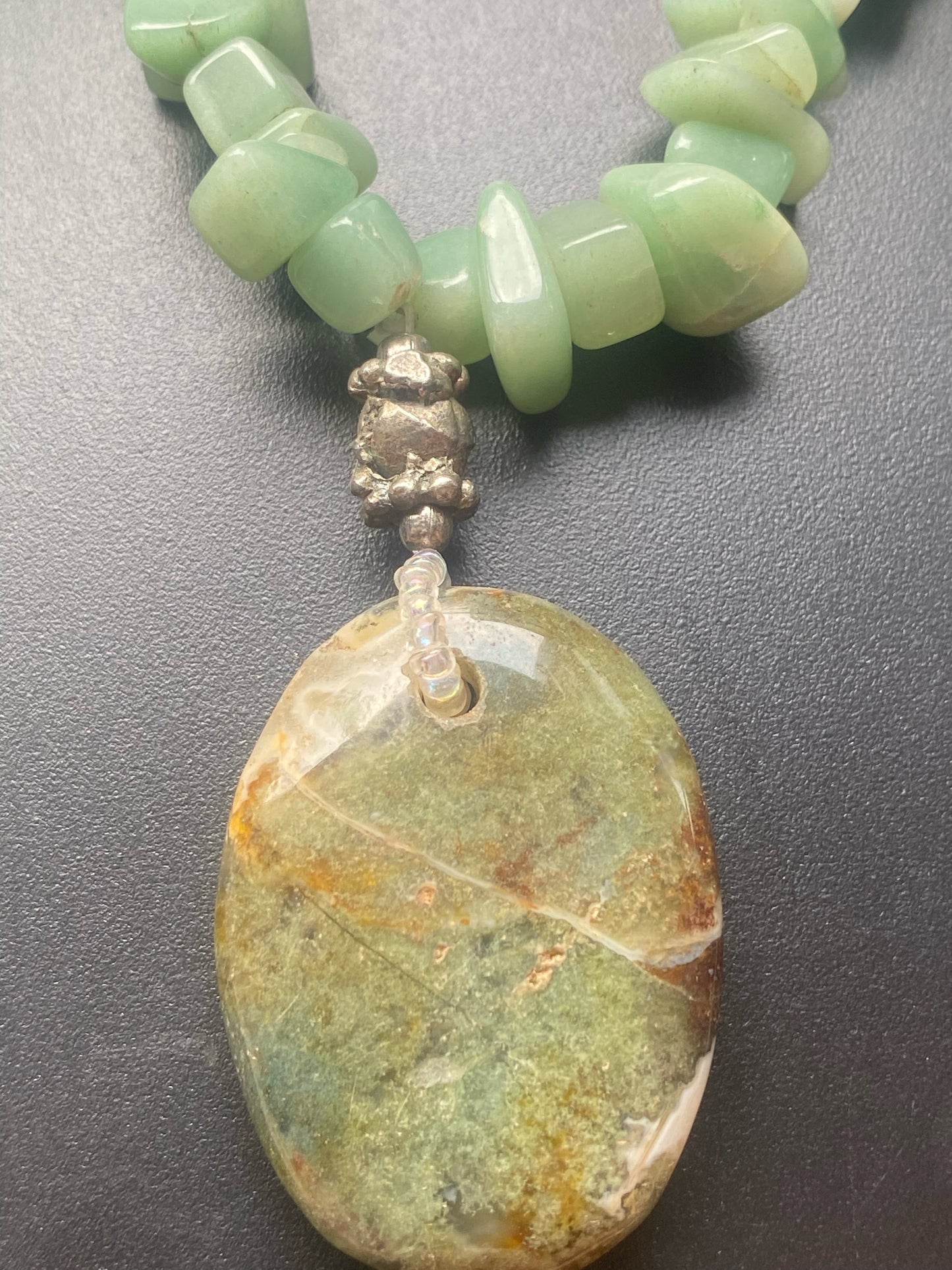 Green Gemstone Chip Necklace with Natural Stone Pendant