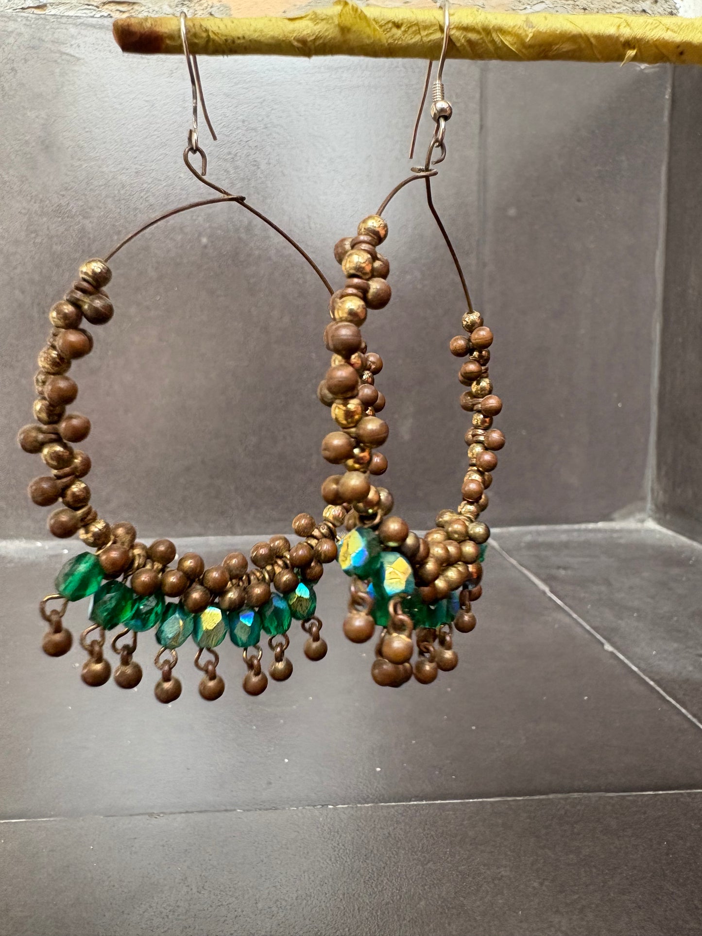 Bohemian Beaded Hoop Earrings – Antique Bronze & Emerald Green