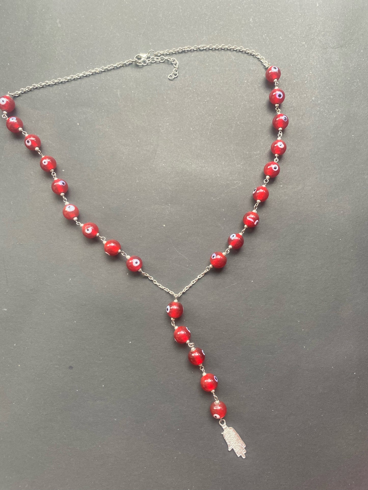 Red Evil Eye Beaded Necklace with Hamsa Pendant