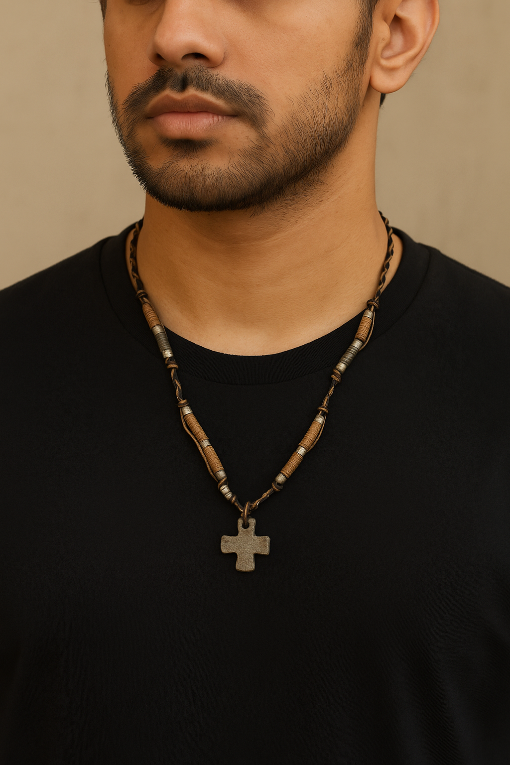 Rustic Tribal Cross Pendant Necklace – Handmade Leather & Metal Beads