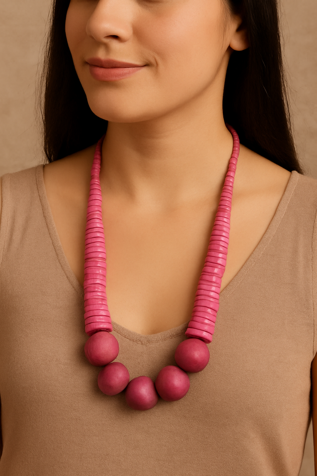 Handcrafted Pink Wooden & Shell Bead Necklace