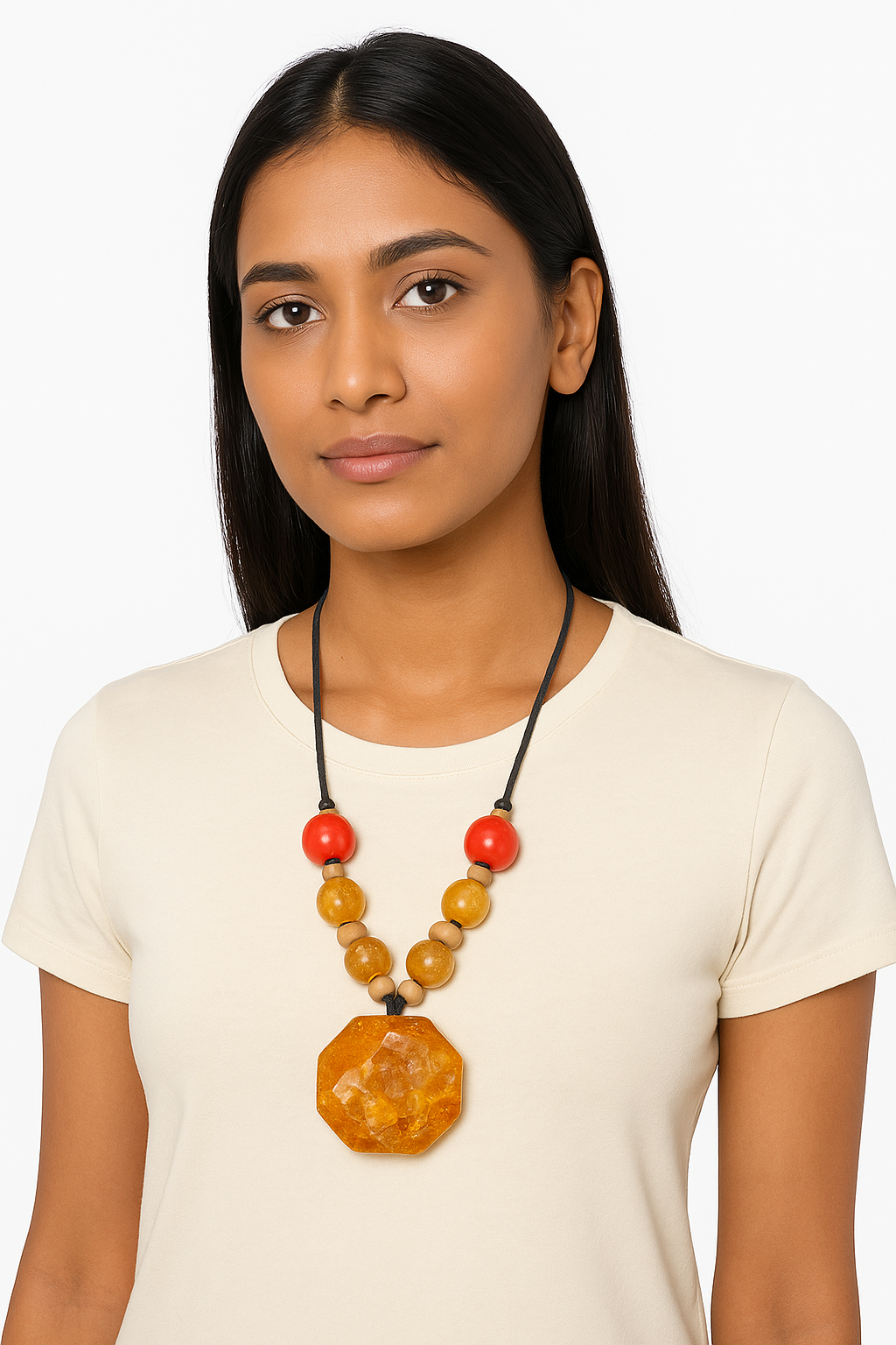 Bohemian Amber Resin & Red Bead Statement Necklace