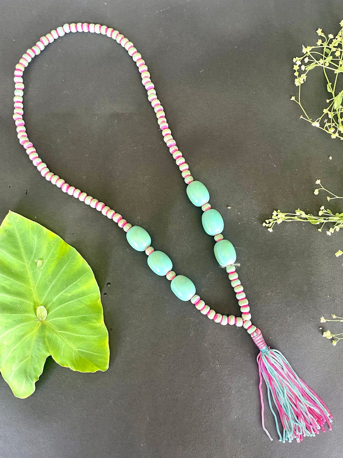 Turquoise & Pink Beaded Tassel Necklace