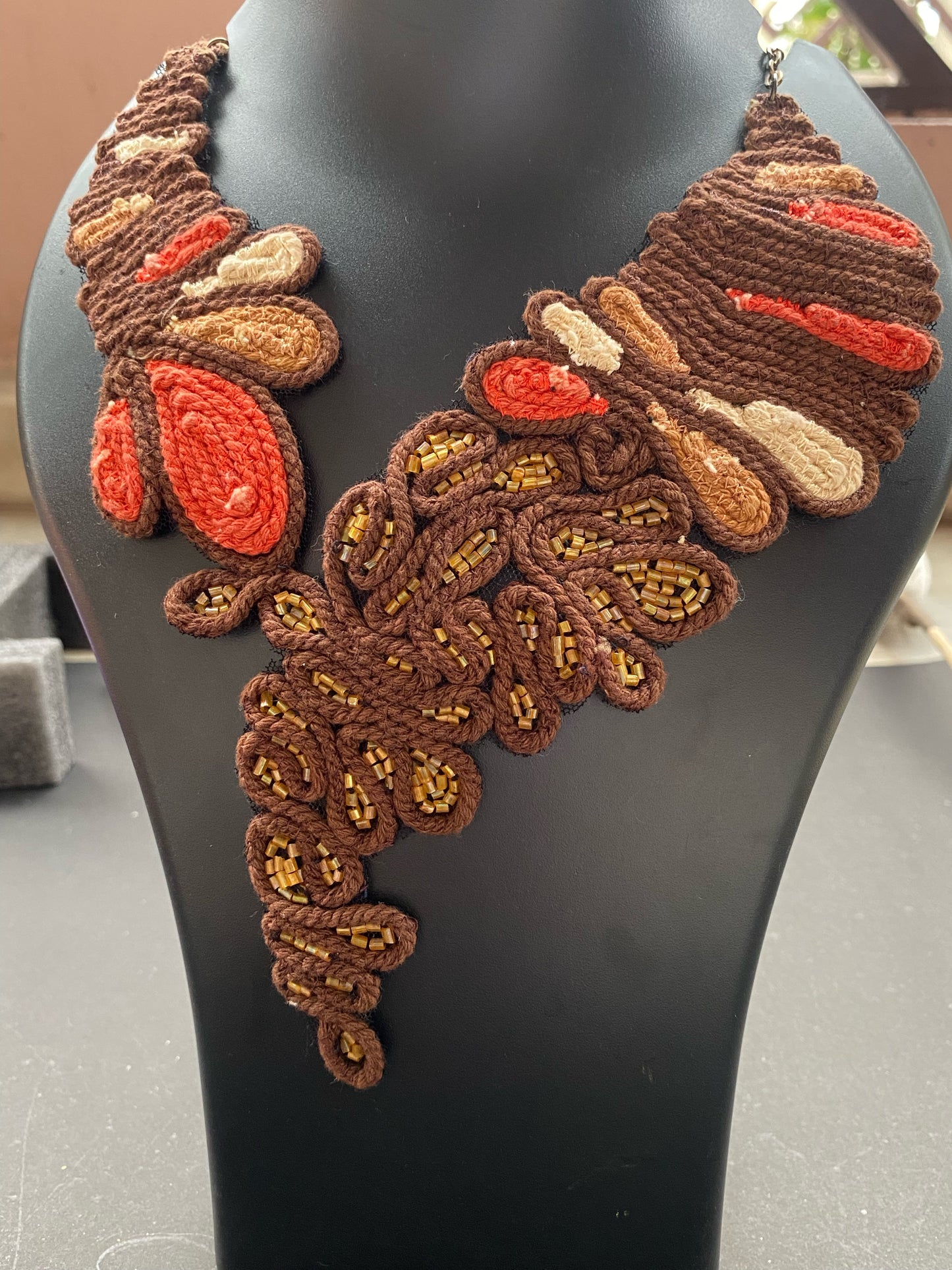 Handcrafted Macrame Statement Necklace – Earthy Brown & Red