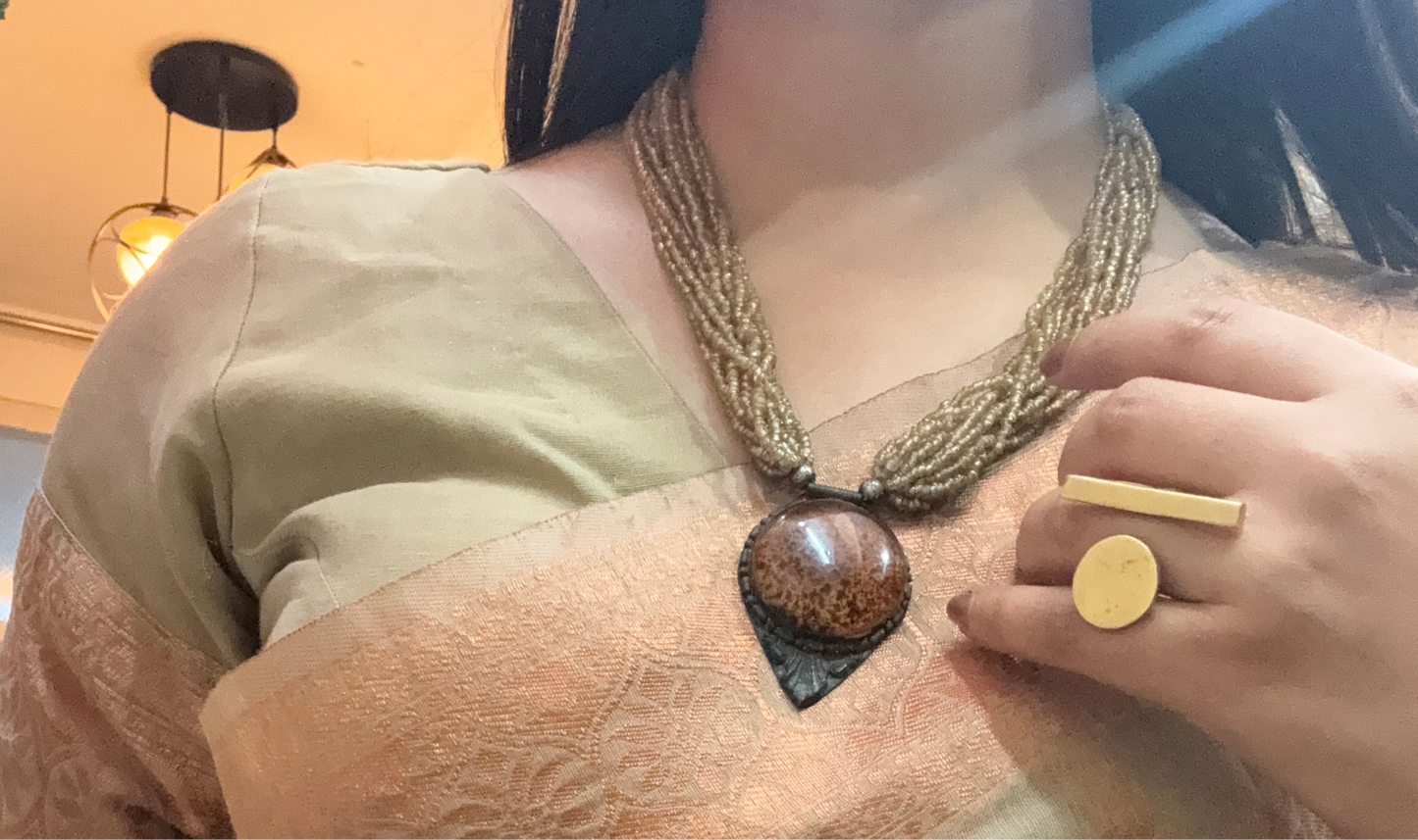 Multi-Strand Amber Pendant Beaded Necklace