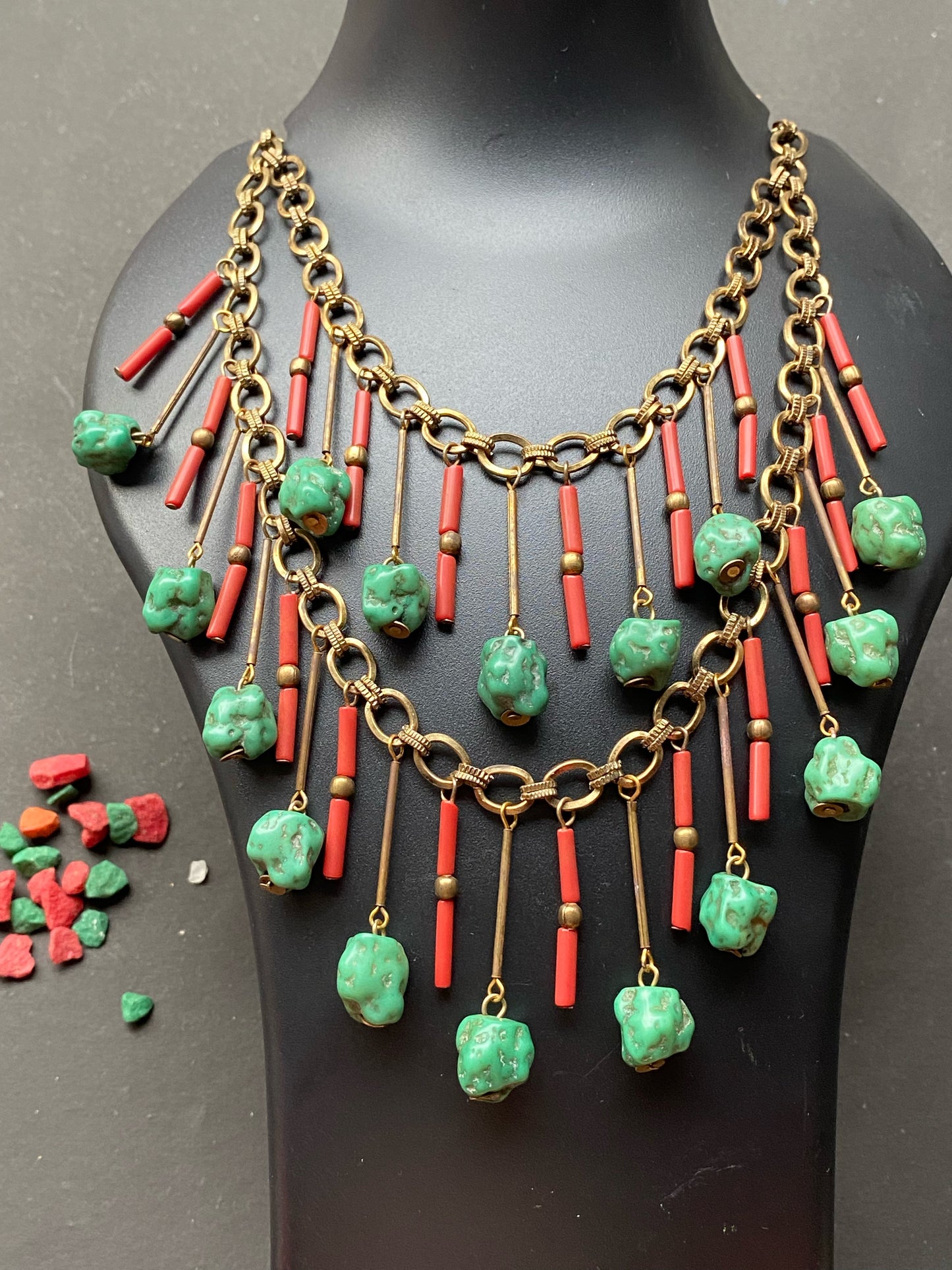 Tribal Statement Necklace with Green Stones & Red Beads