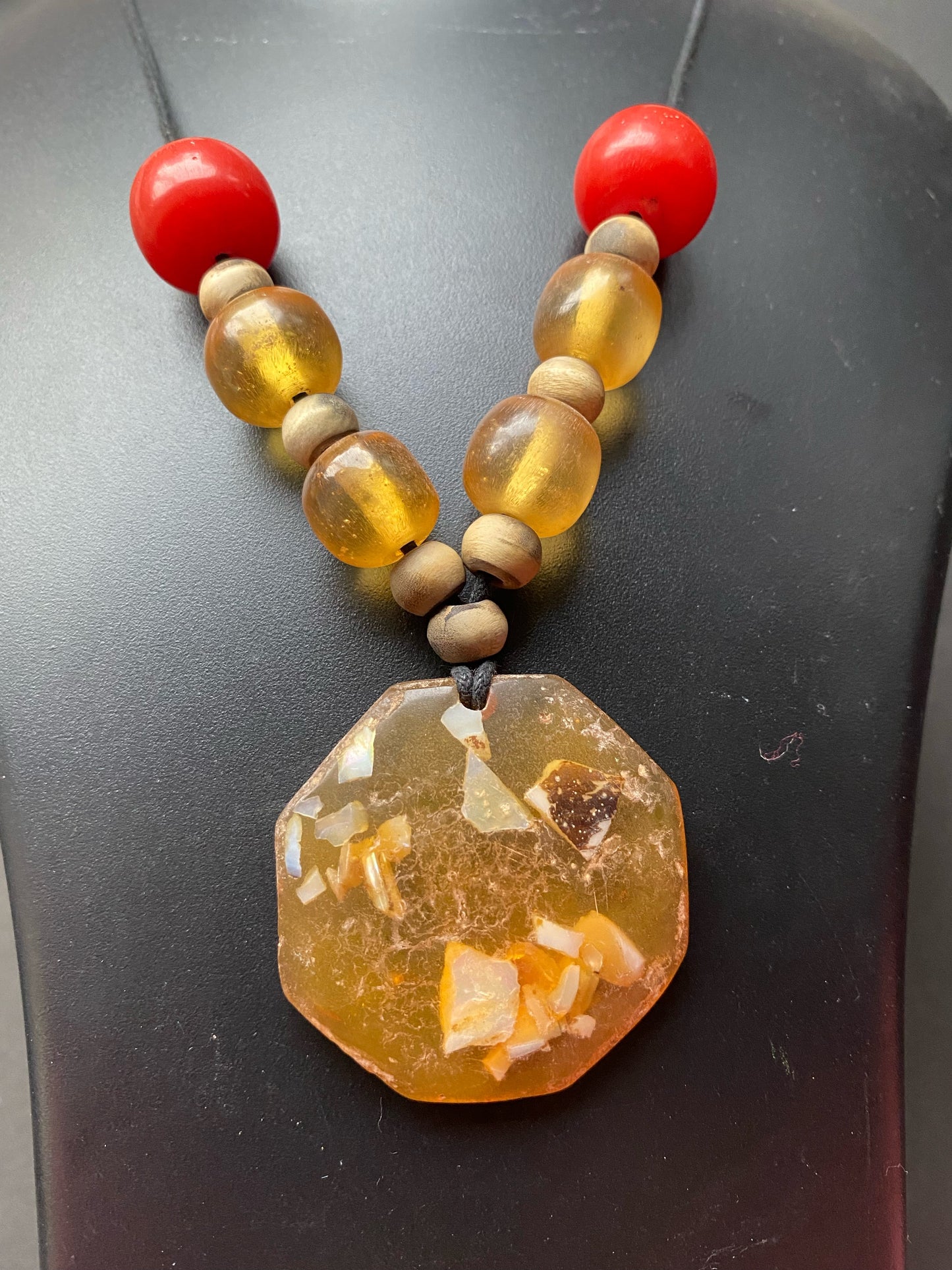 Bohemian Amber Resin & Red Bead Statement Necklace