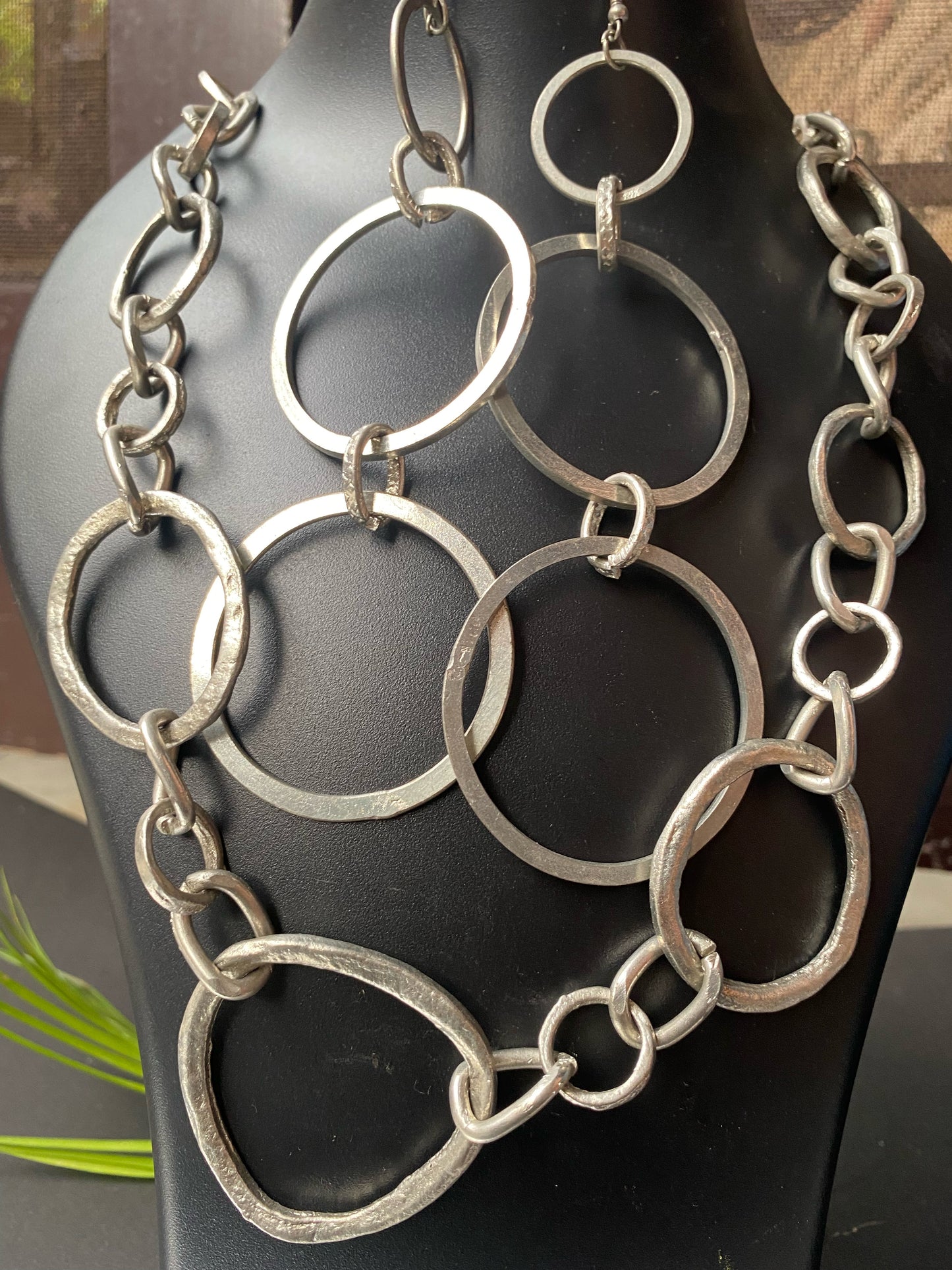 Handcrafted Rustic Silver Link Necklace& Minimalist Triple Circle Dangle Earrings – Oxidized Metal Finish