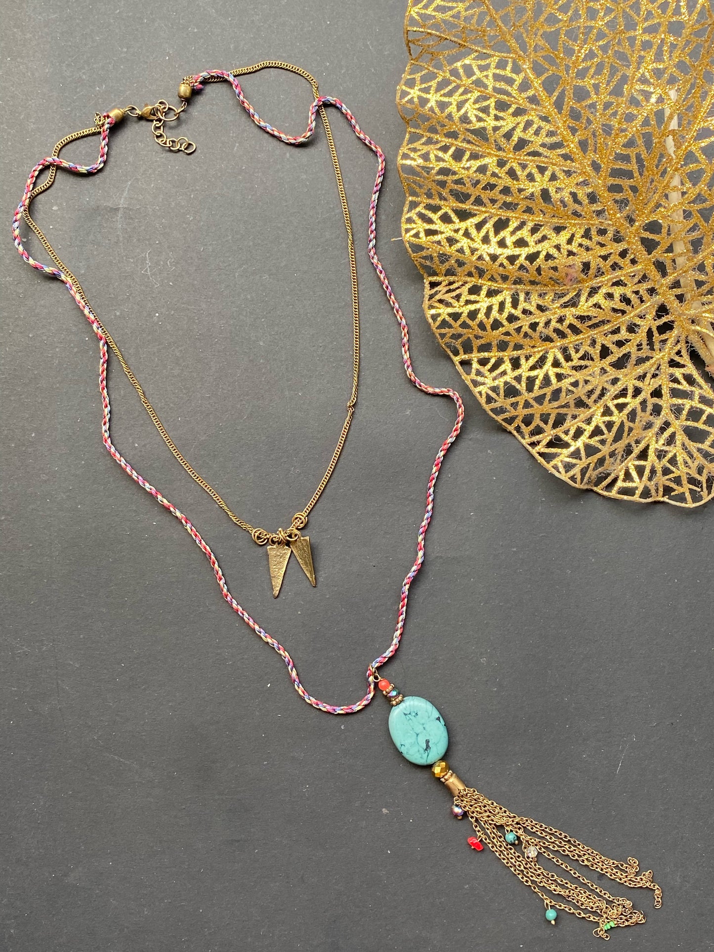 Bohemian Layered Necklace with Turquoise Stone & Tassel Pendant