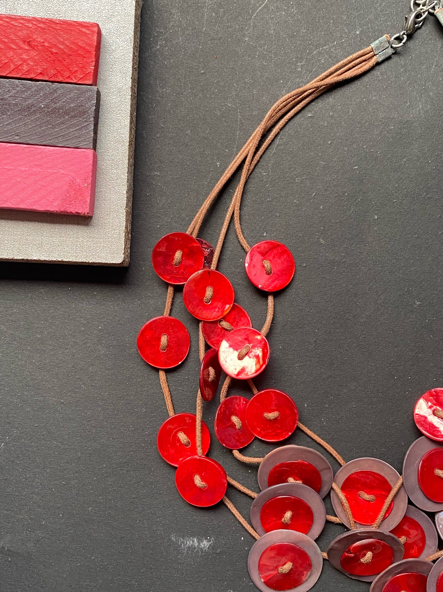 Red Shell Disc Multi-Strand Statement Necklace