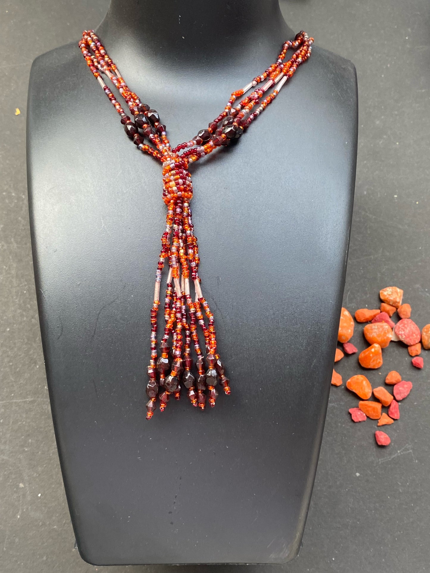 Multi-Strand Red Beaded Tassel Necklace – Festive Statement Piece