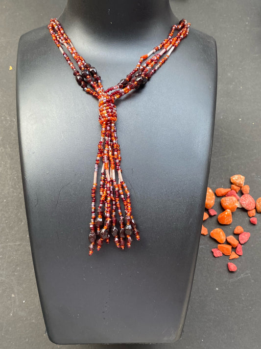 Multi-Strand Red Beaded Tassel Necklace – Festive Statement Piece