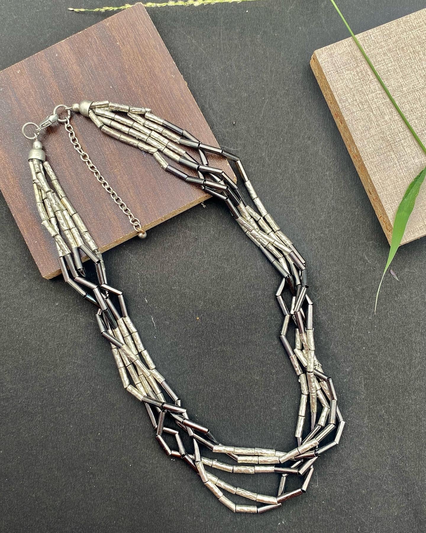 Noir GeoLayer Beaded Collar Necklace
