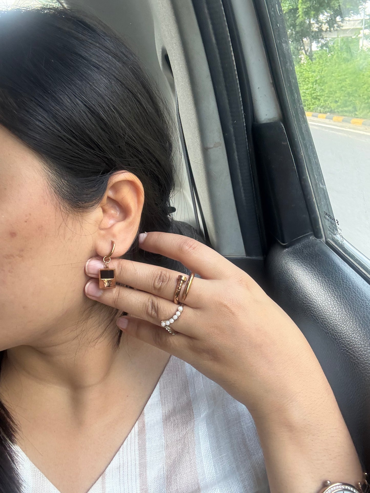 Gold-Plated Hoop Earrings with Black Enamel & Butterfly Charm