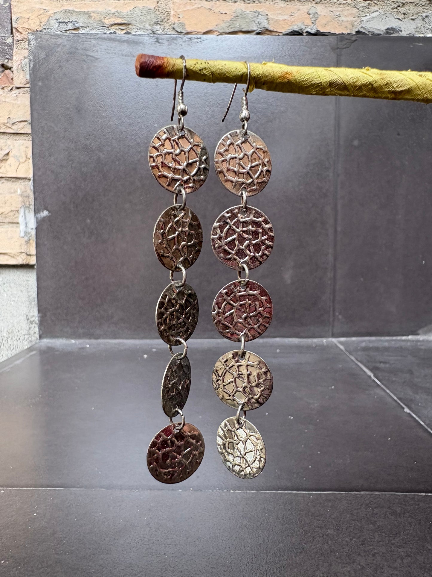 Textured Silver Disc Drop Earrings