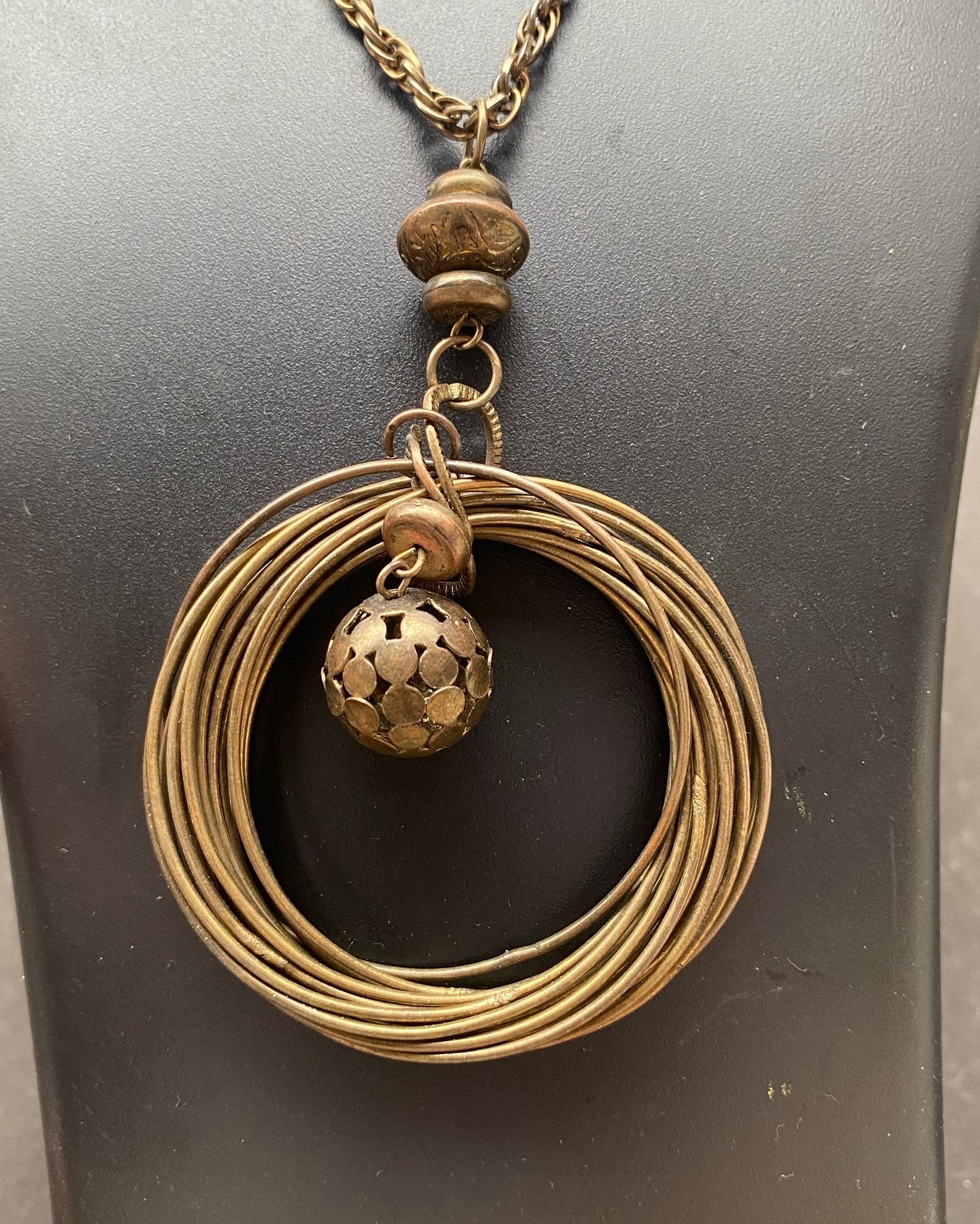 Antique Brass Layered Ring Pendant Necklace