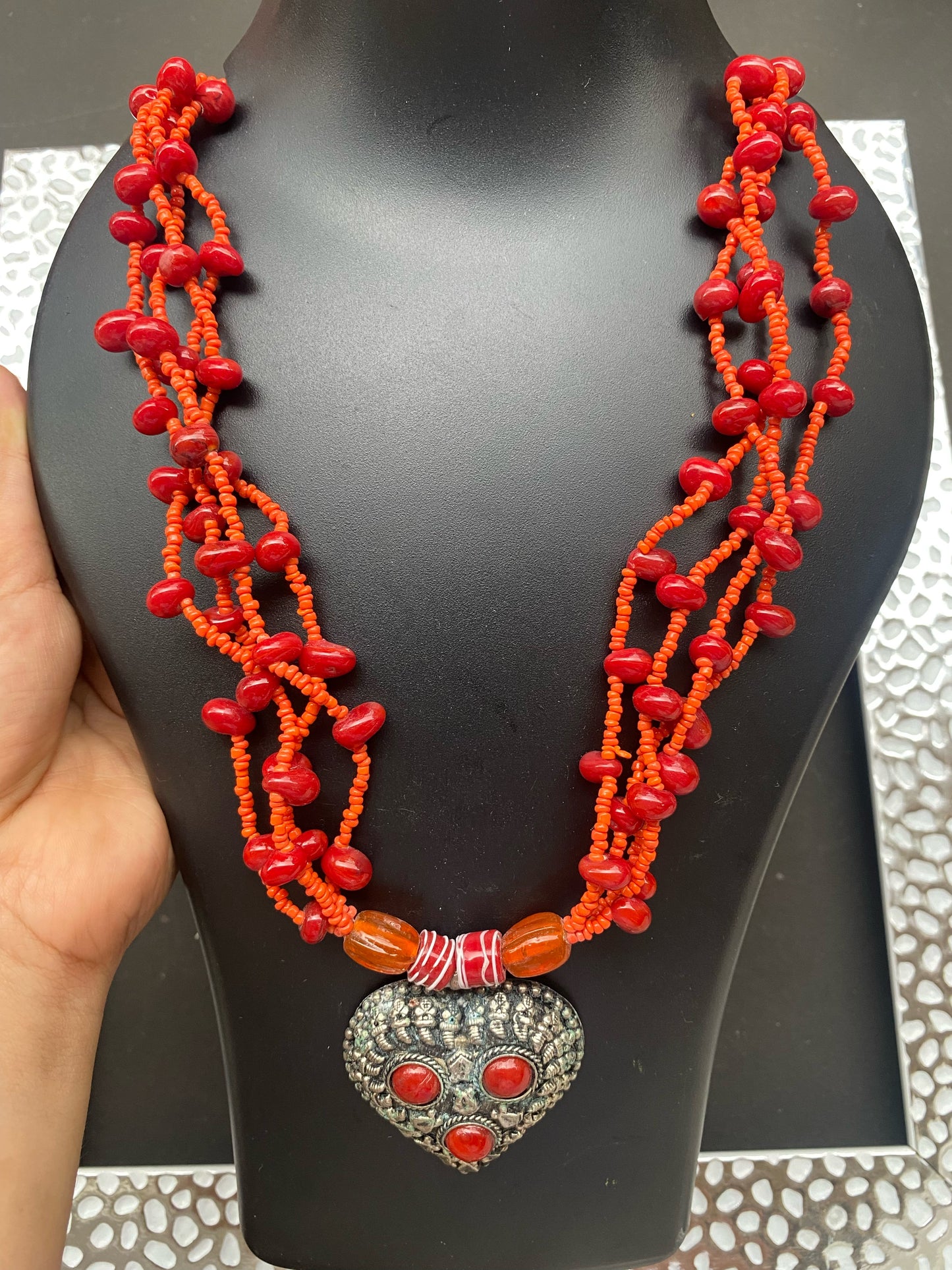 Handcrafted Tribal Heart Pendant Necklace – Red & Silver