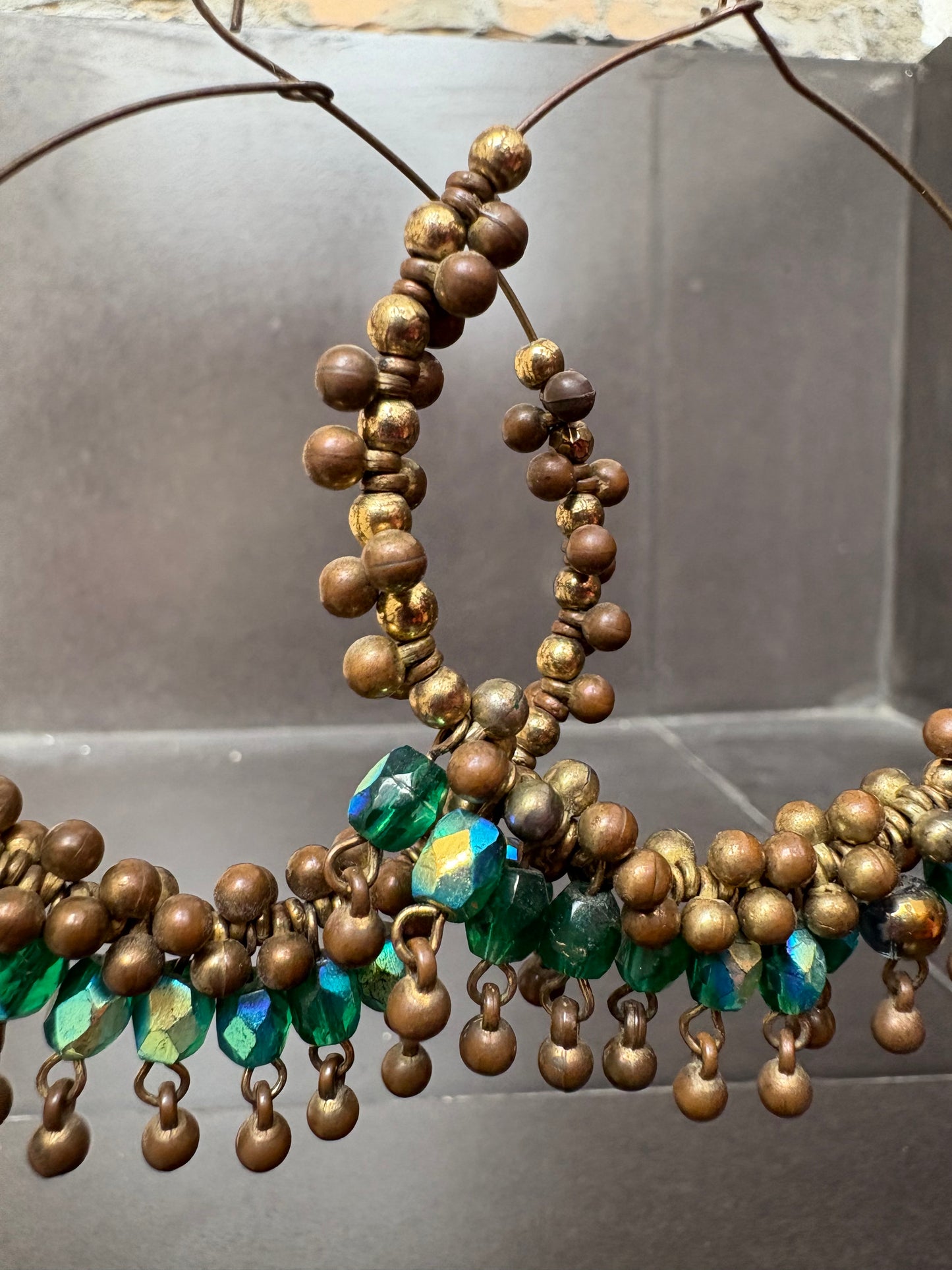 Bohemian Beaded Hoop Earrings – Antique Bronze & Emerald Green