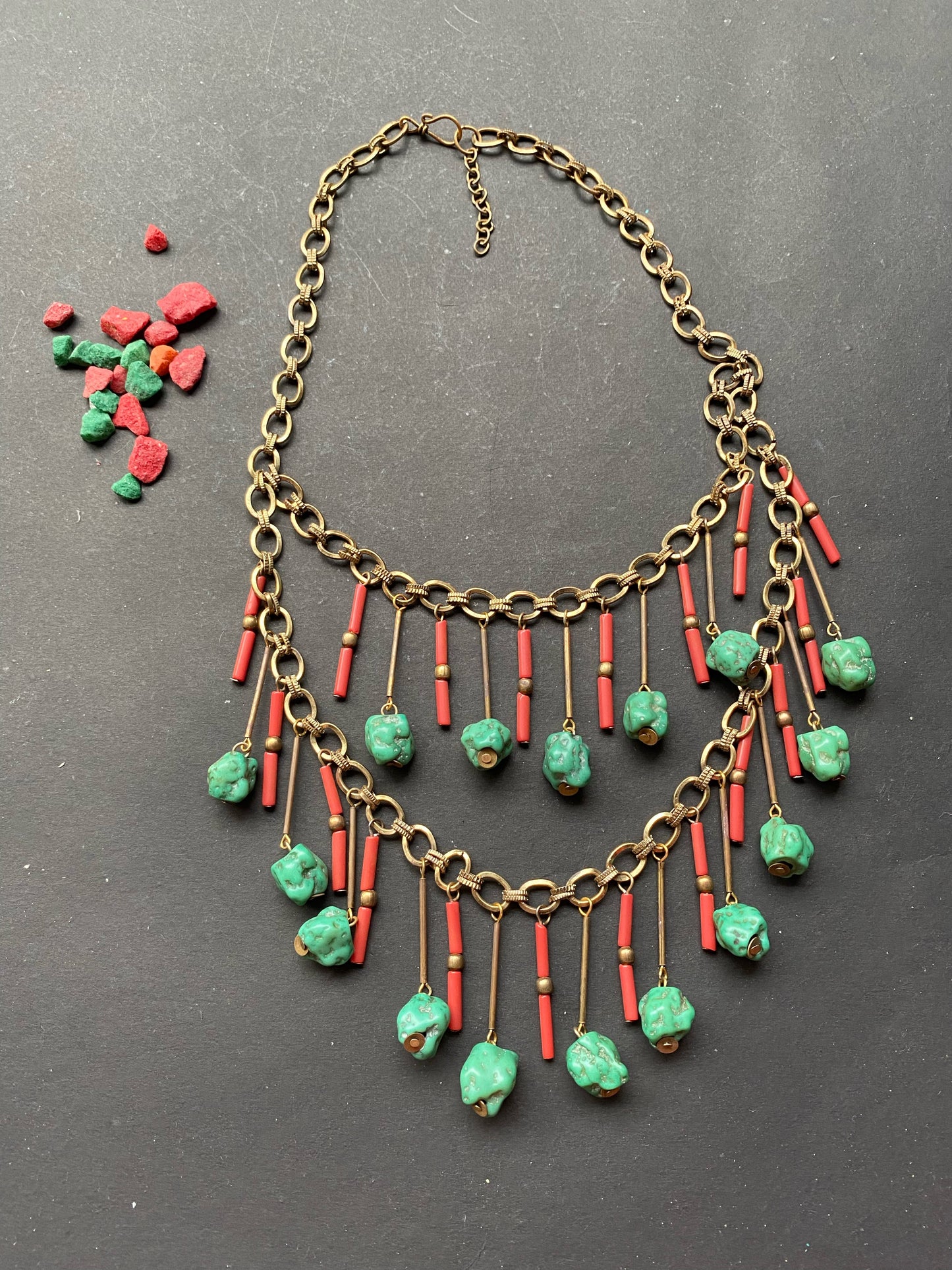 Tribal Statement Necklace with Green Stones & Red Beads