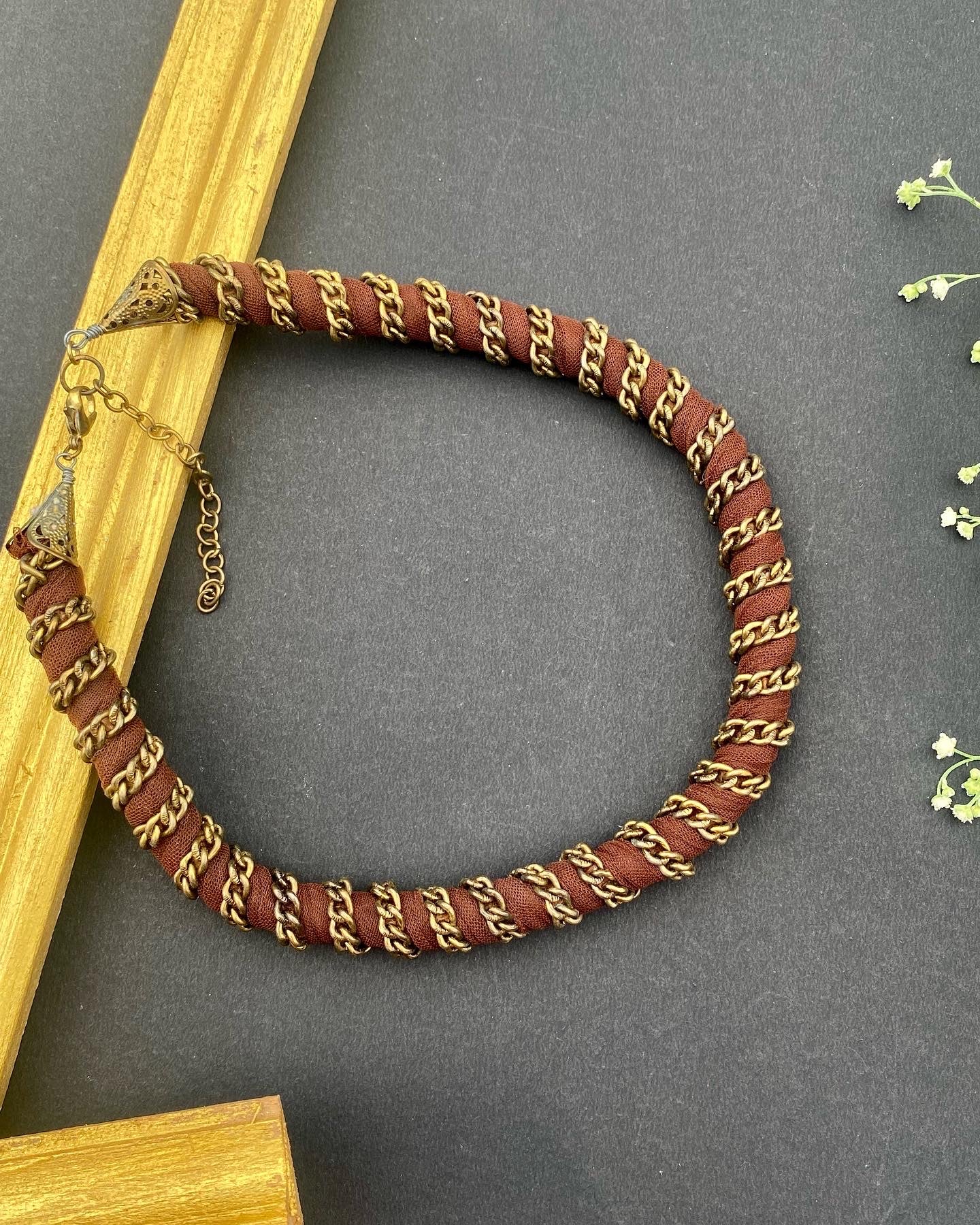 Antique Bronze Chain-Wrapped Fabric Necklace