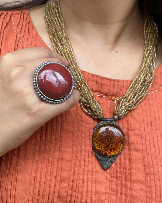 Multi-Strand Amber Pendant Beaded Necklace