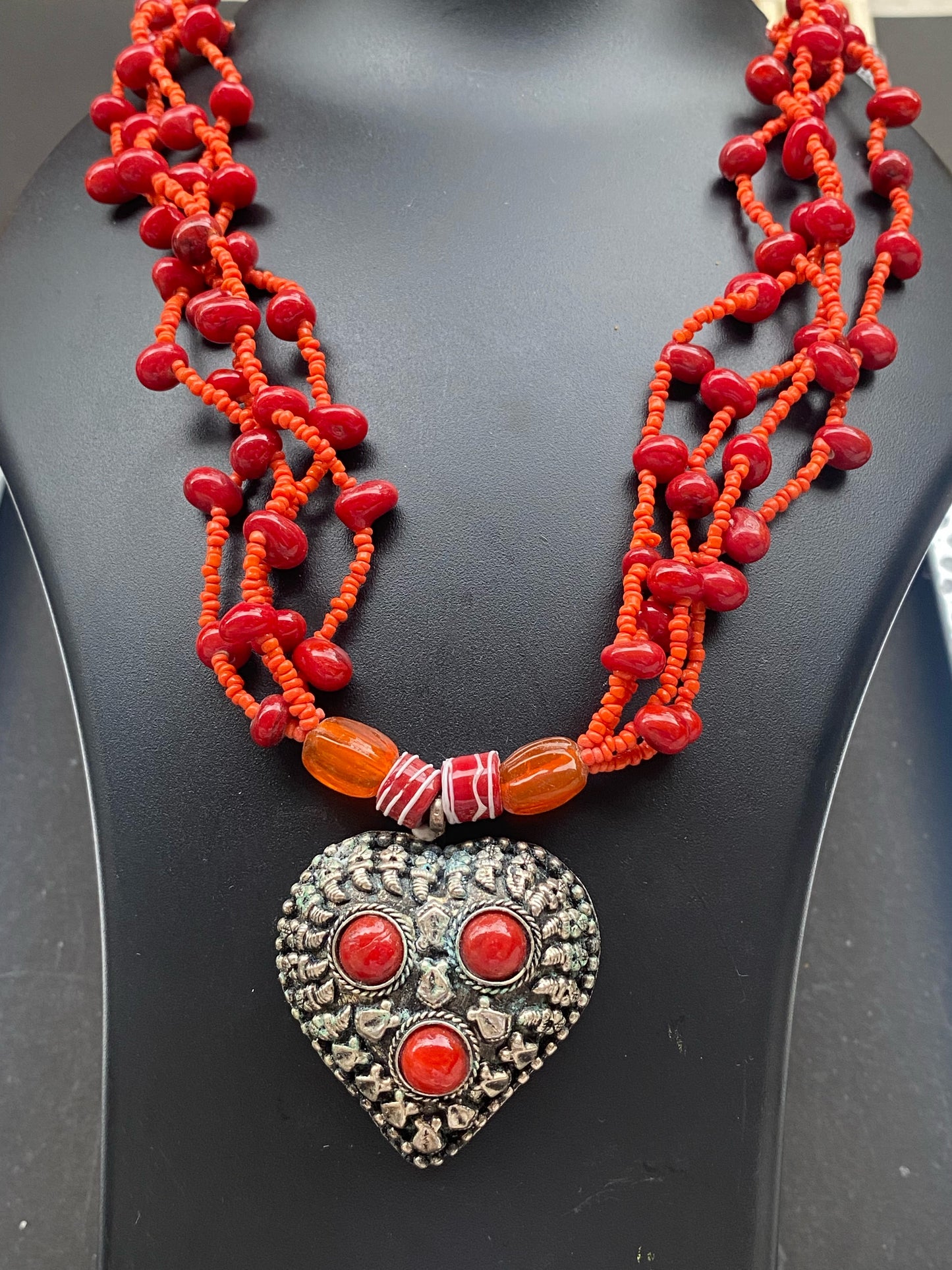 Handcrafted Tribal Heart Pendant Necklace – Red & Silver
