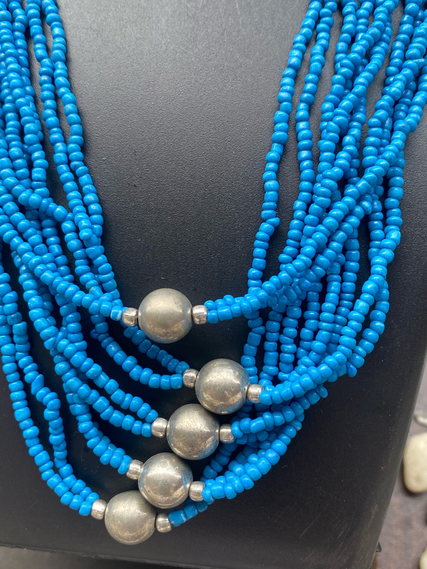 Multi-Strand Turquoise Blue Beaded Necklace with Silver Accents