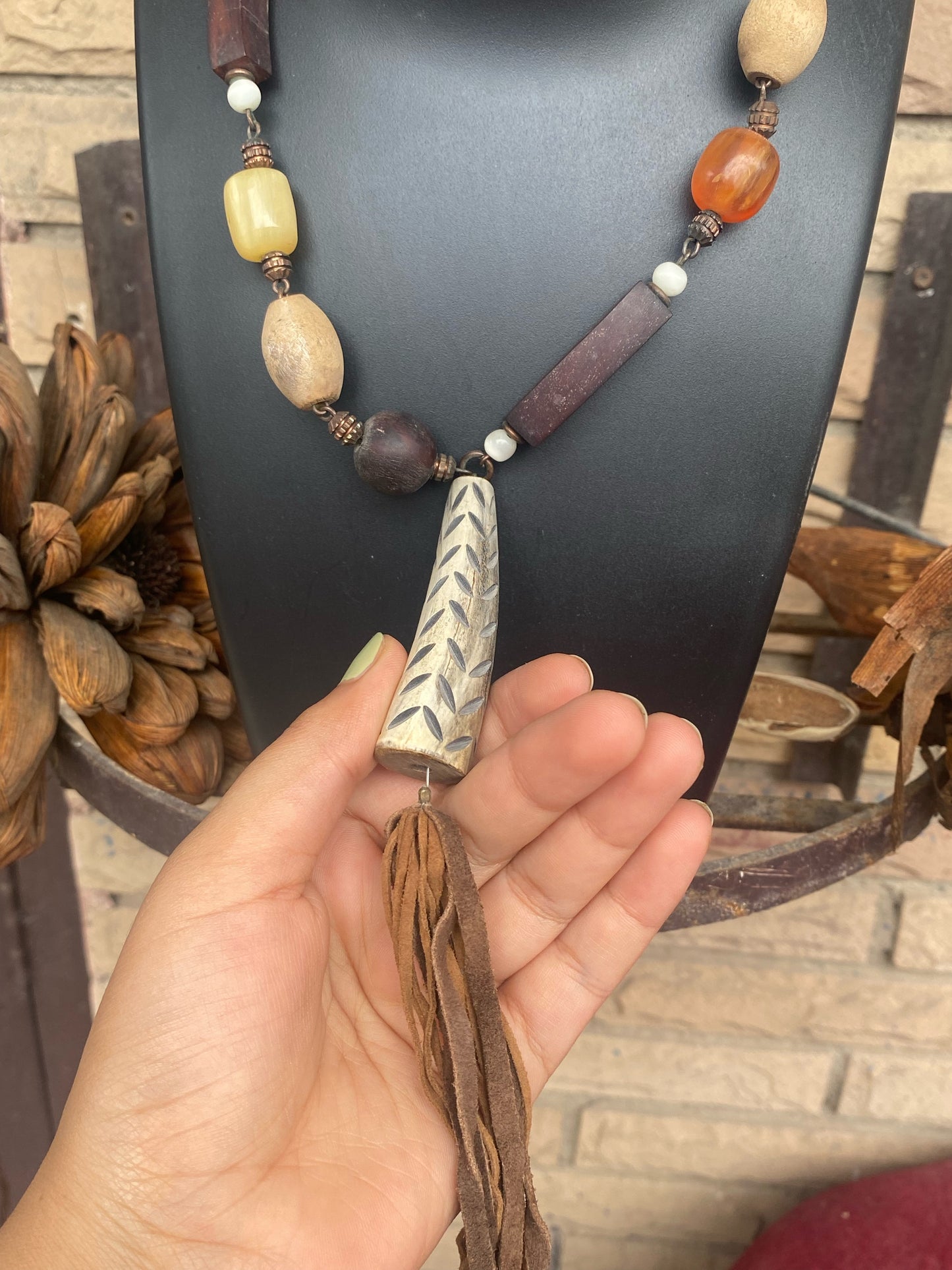 Rustic Bohemian Beaded Pendant Necklace