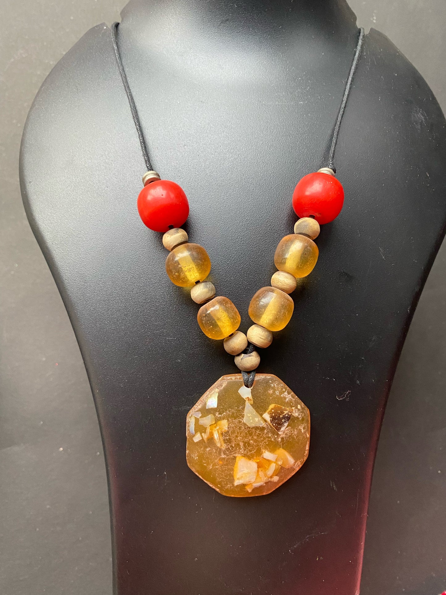 Bohemian Amber Resin & Red Bead Statement Necklace