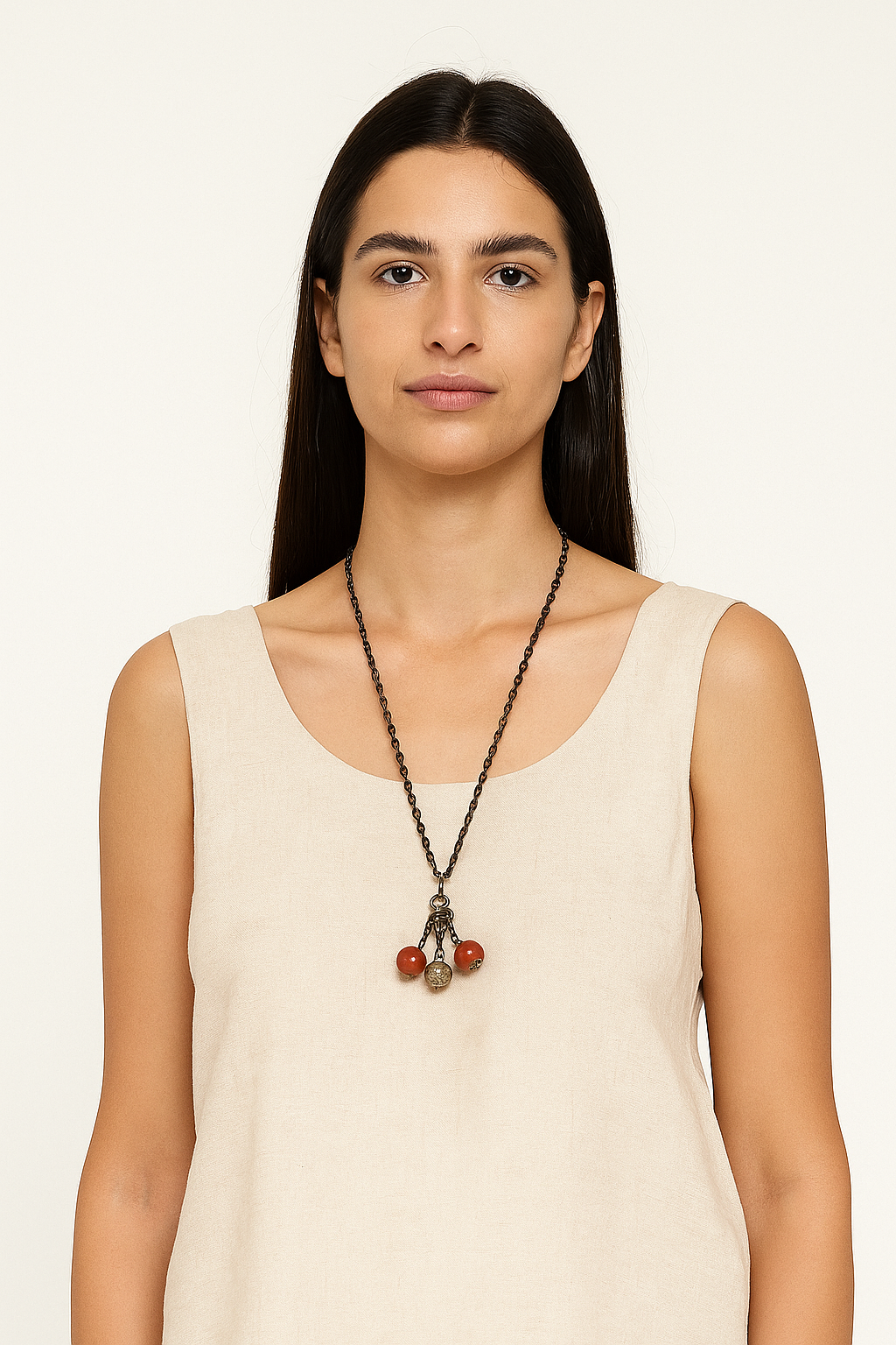 Antique Brass Chain Necklace with Green Bead Charms