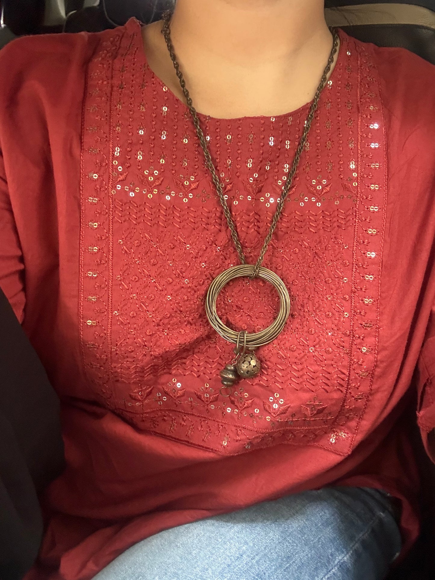 Antique Brass Layered Ring Pendant Necklace