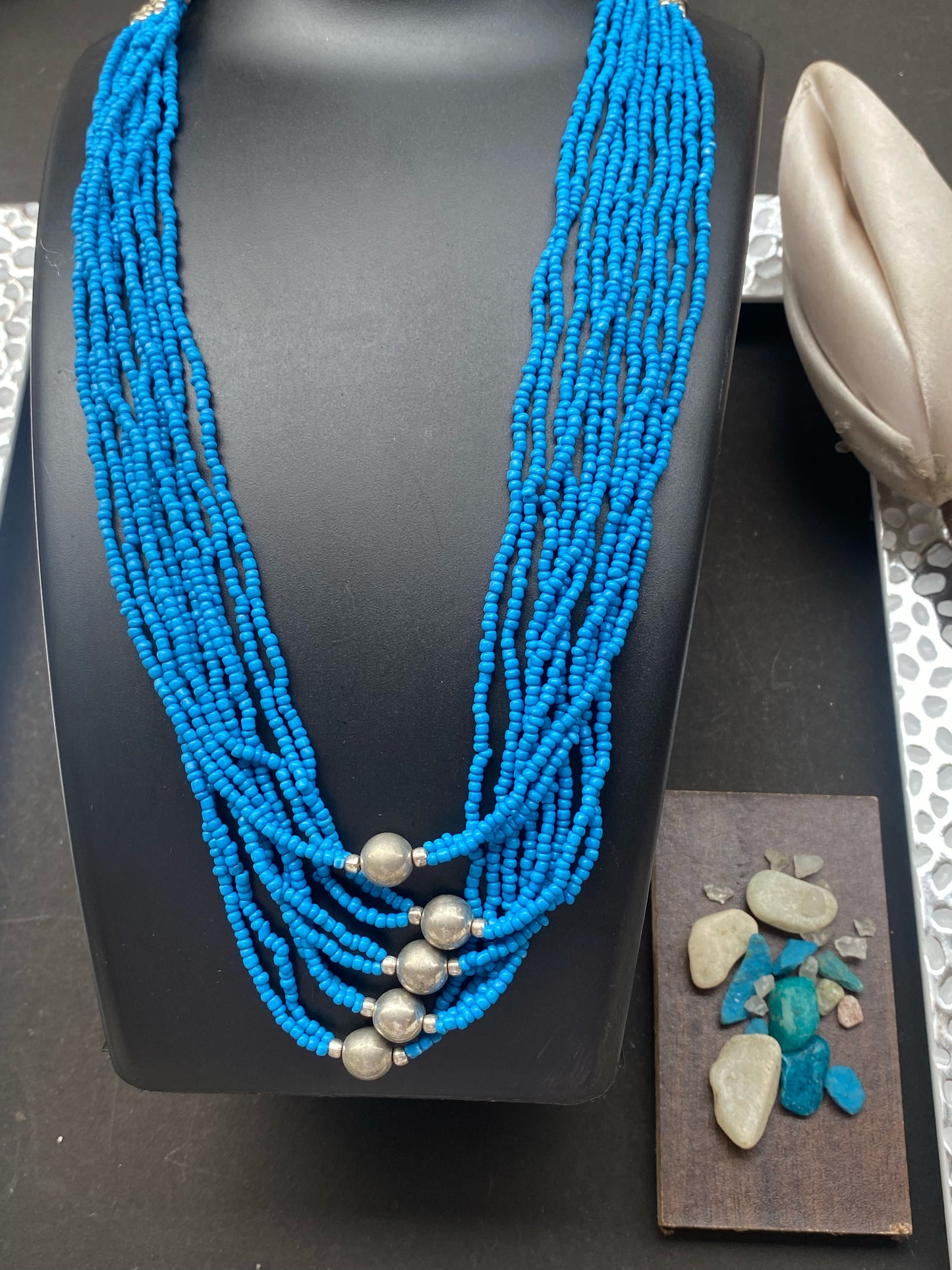 Multi-Strand Turquoise Blue Beaded Necklace with Silver Accents