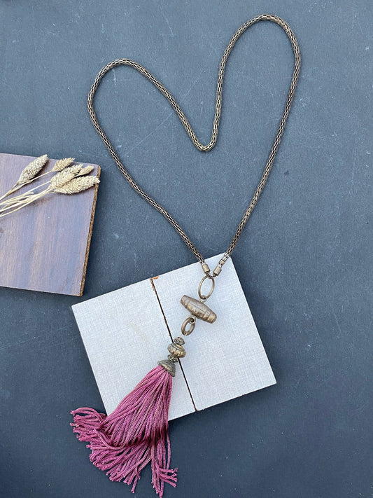 Vintage Brass Chain Necklace with Magenta Tassel Charm