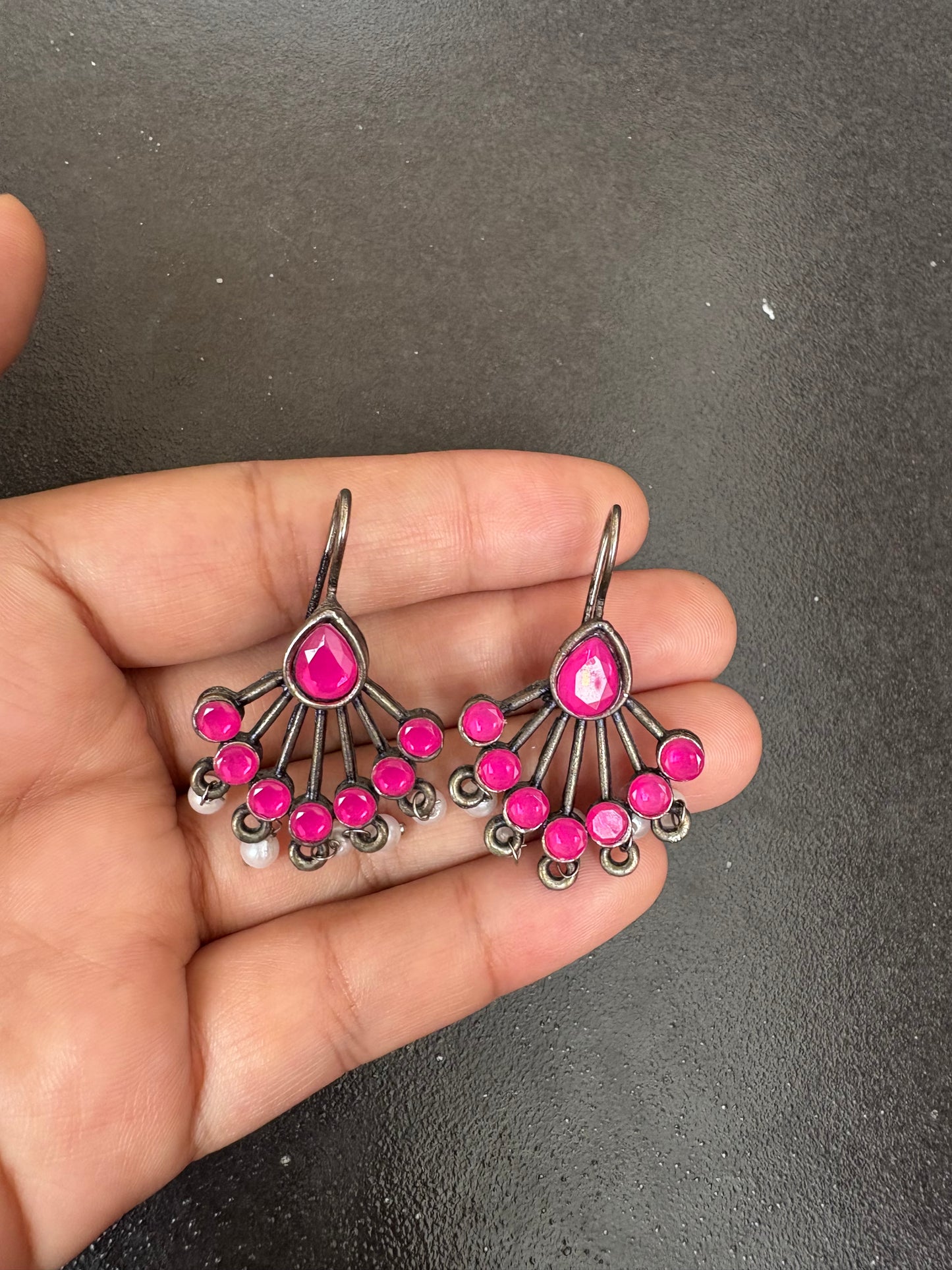 Antique Oxidised Pink Stone & Pearl Drop Earrings