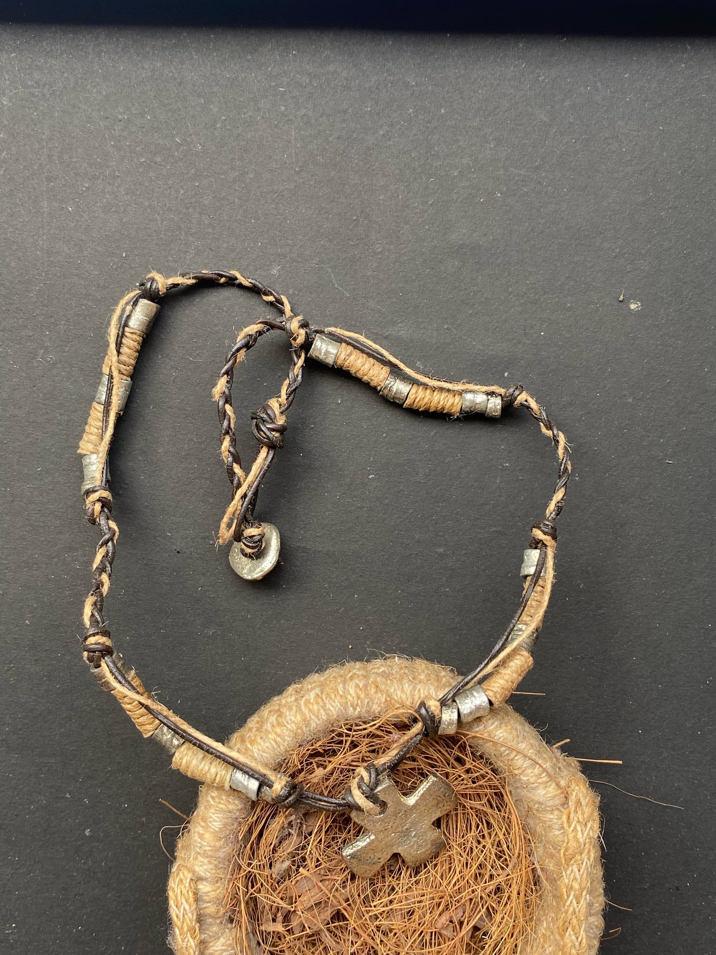 Rustic Tribal Cross Pendant Necklace – Handmade Leather & Metal Beads