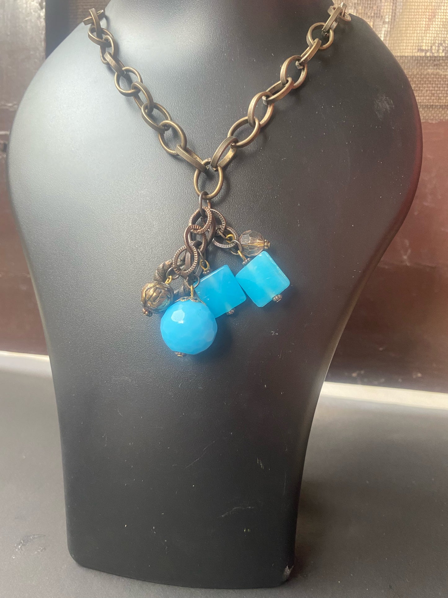 Rustic Pendant Necklace with Blue Bead Charms