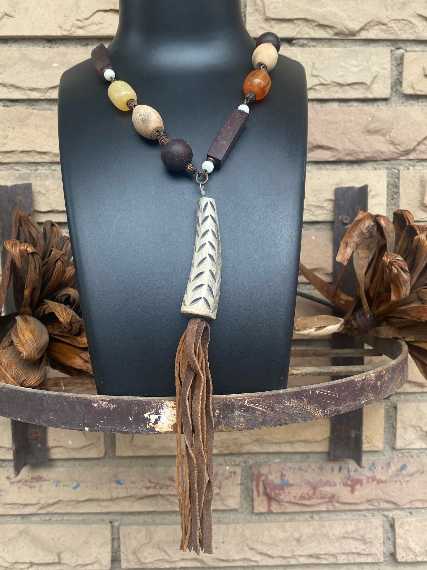 Rustic Bohemian Beaded Pendant Necklace