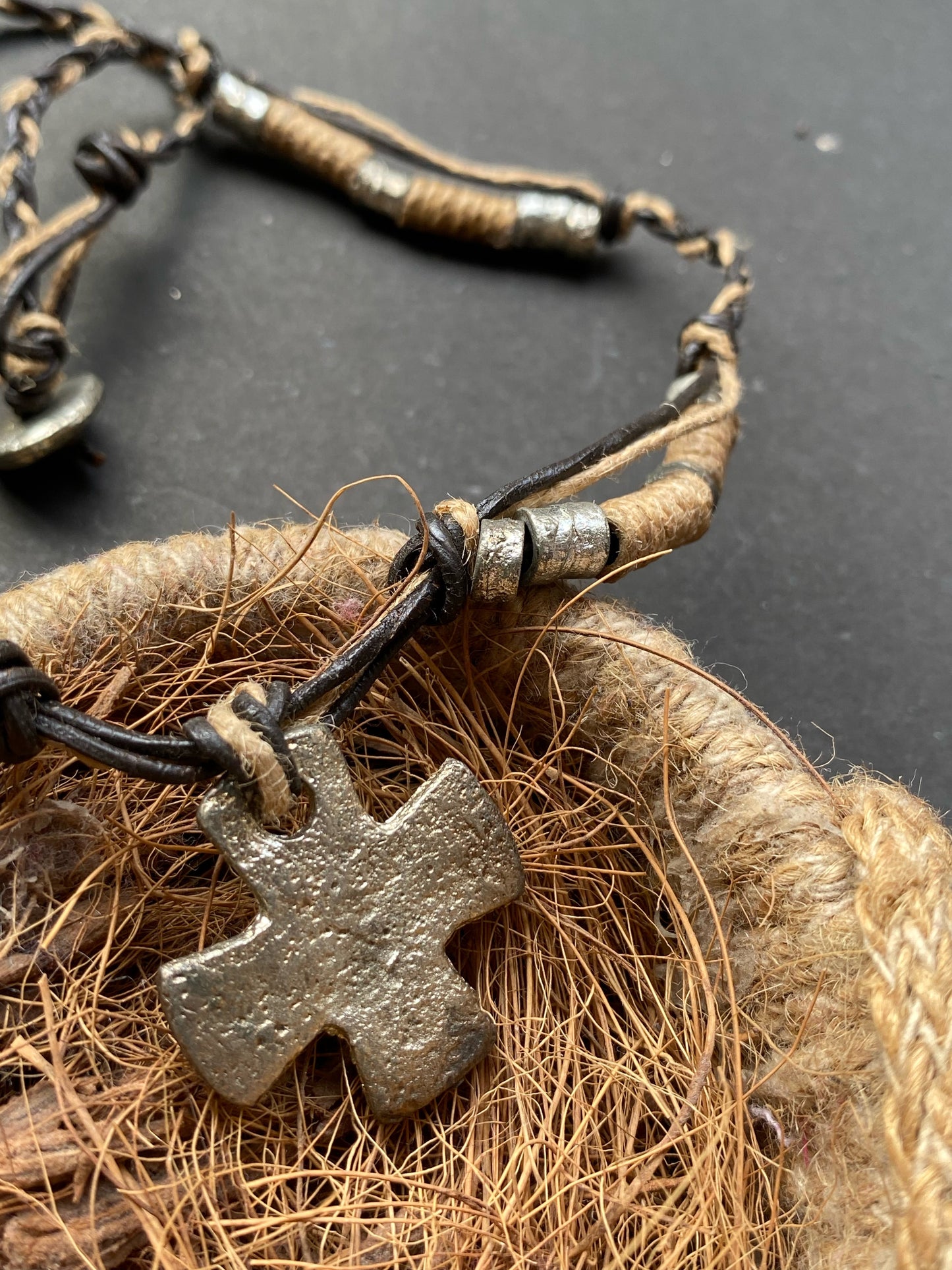 Rustic Tribal Cross Pendant Necklace – Handmade Leather & Metal Beads