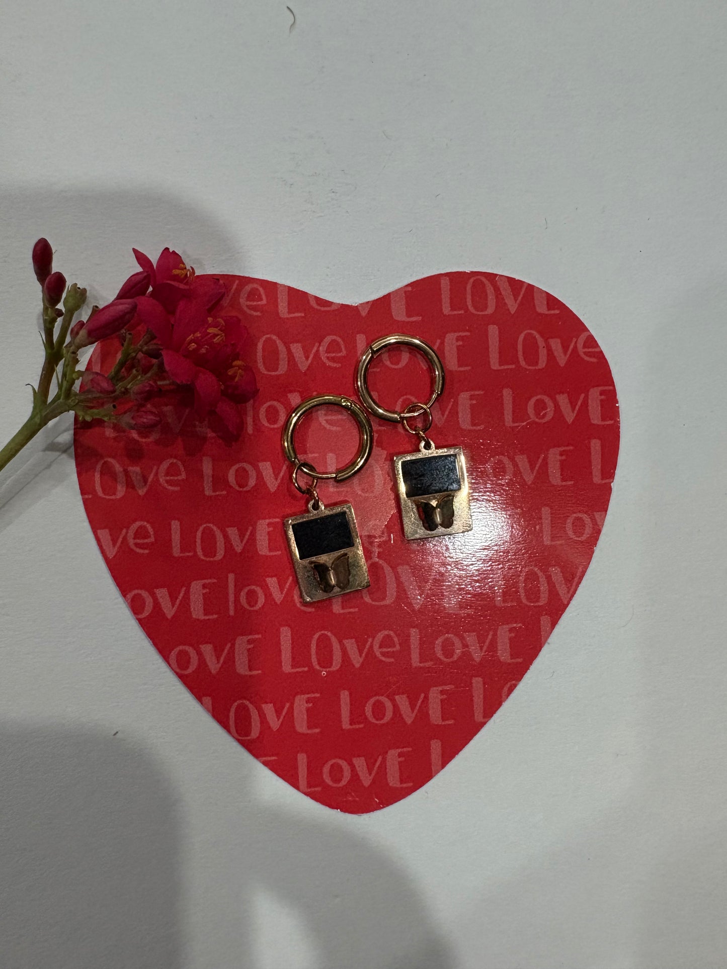 Gold-Plated Hoop Earrings with Black Enamel & Butterfly Charm