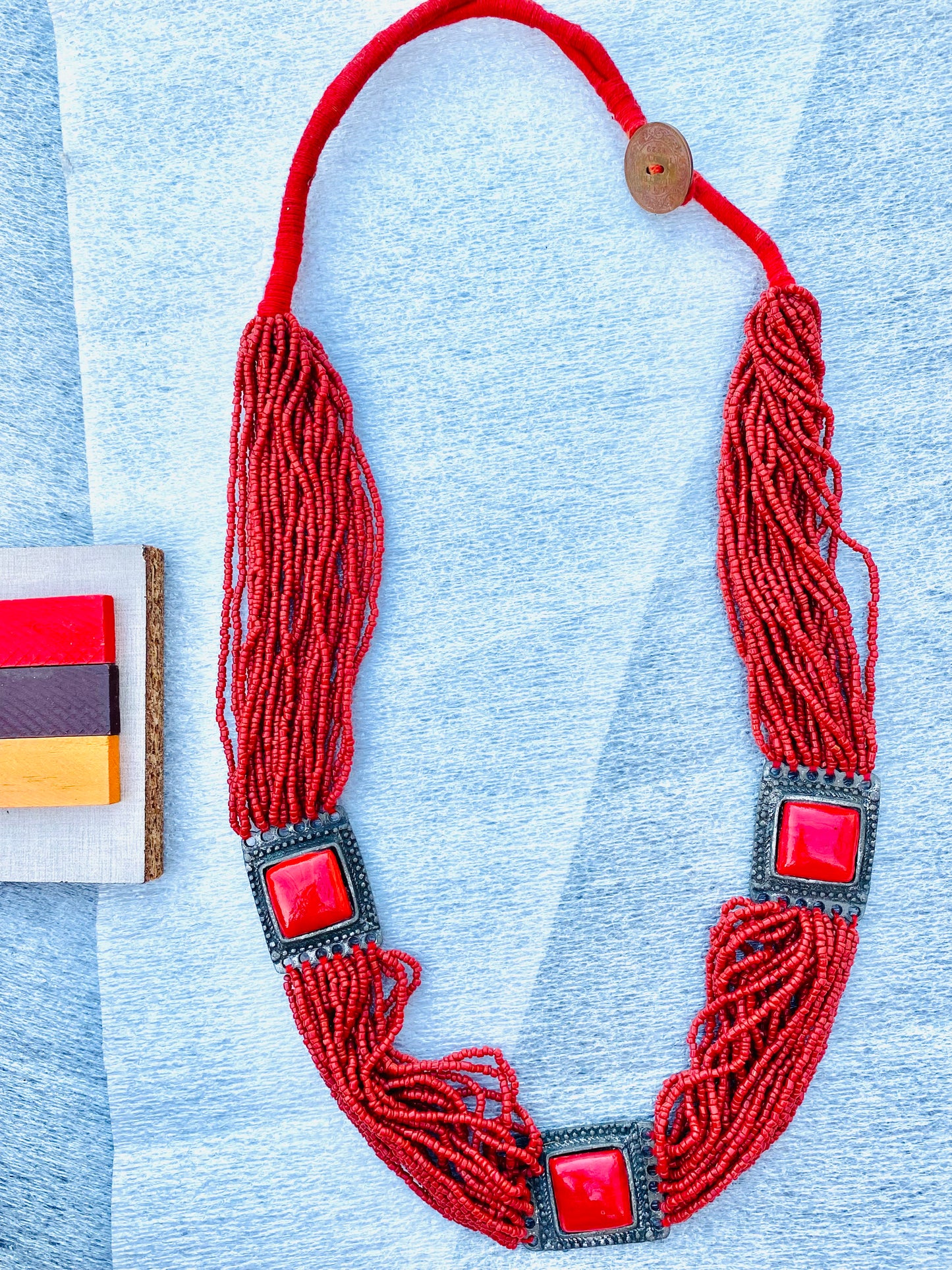Red Beaded Statement Necklace with Square Accents