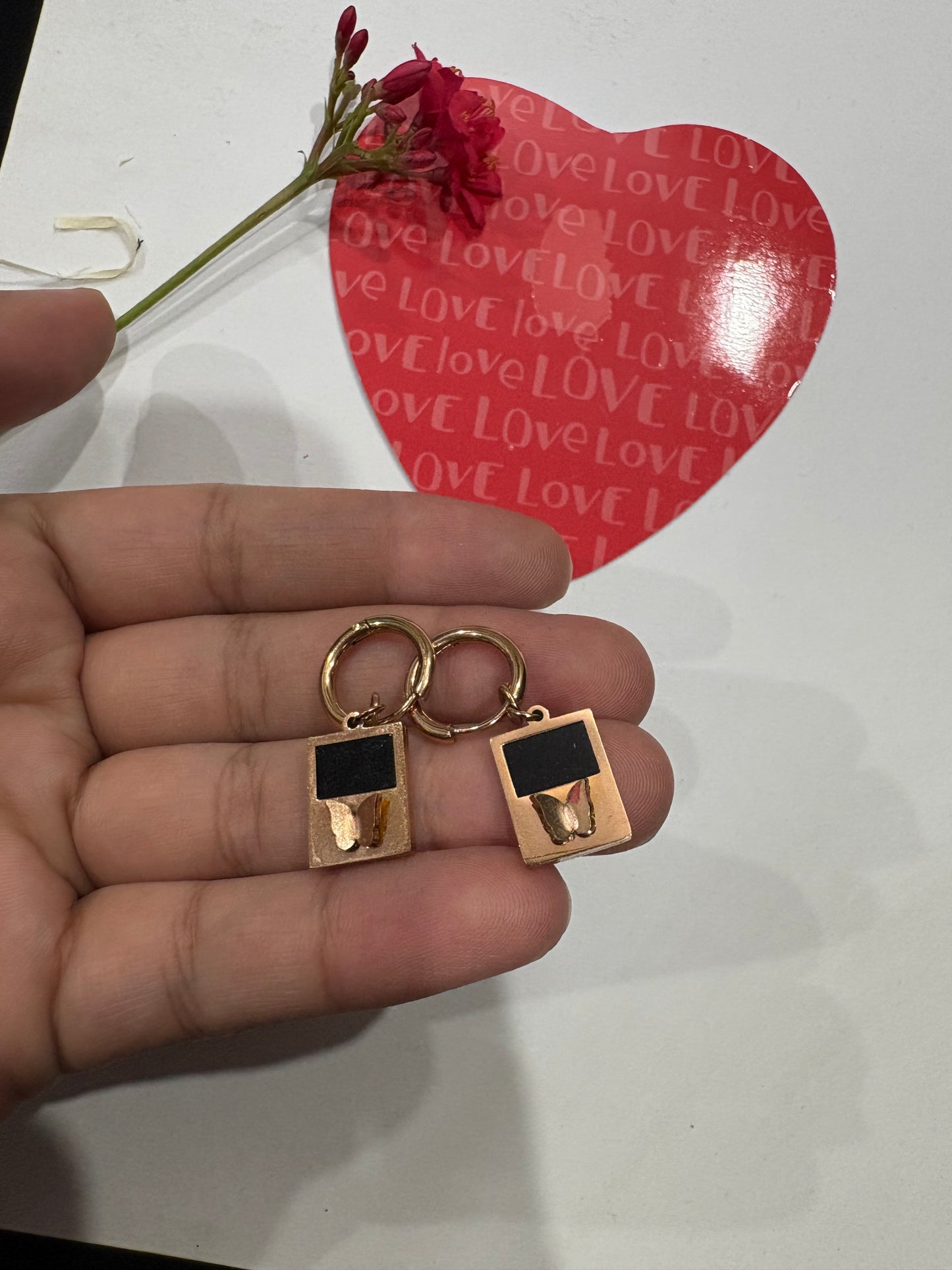 Gold-Plated Hoop Earrings with Black Enamel & Butterfly Charm