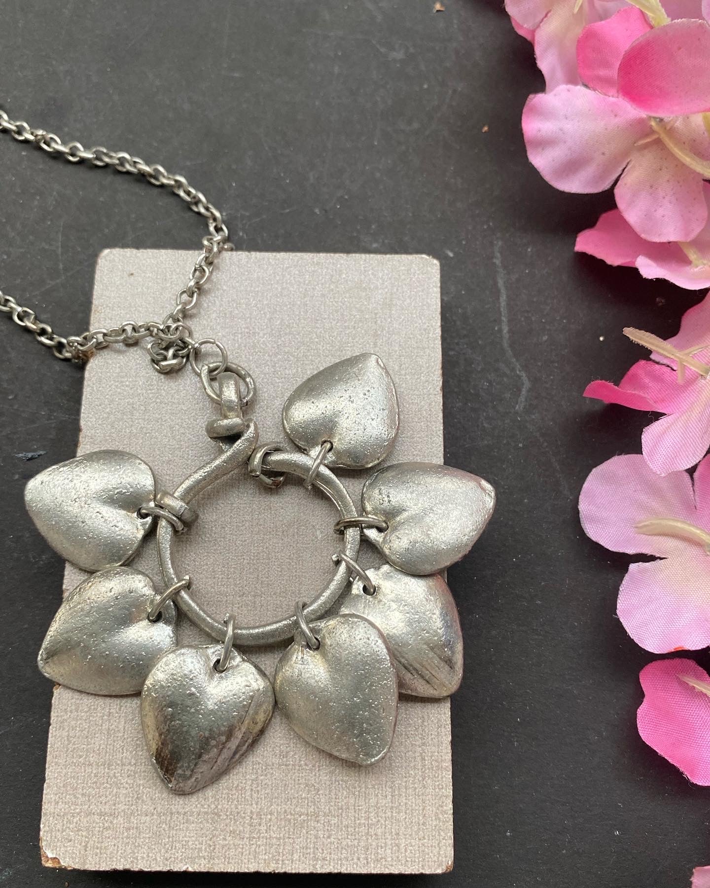 Silver Heart Charm Statement Necklace