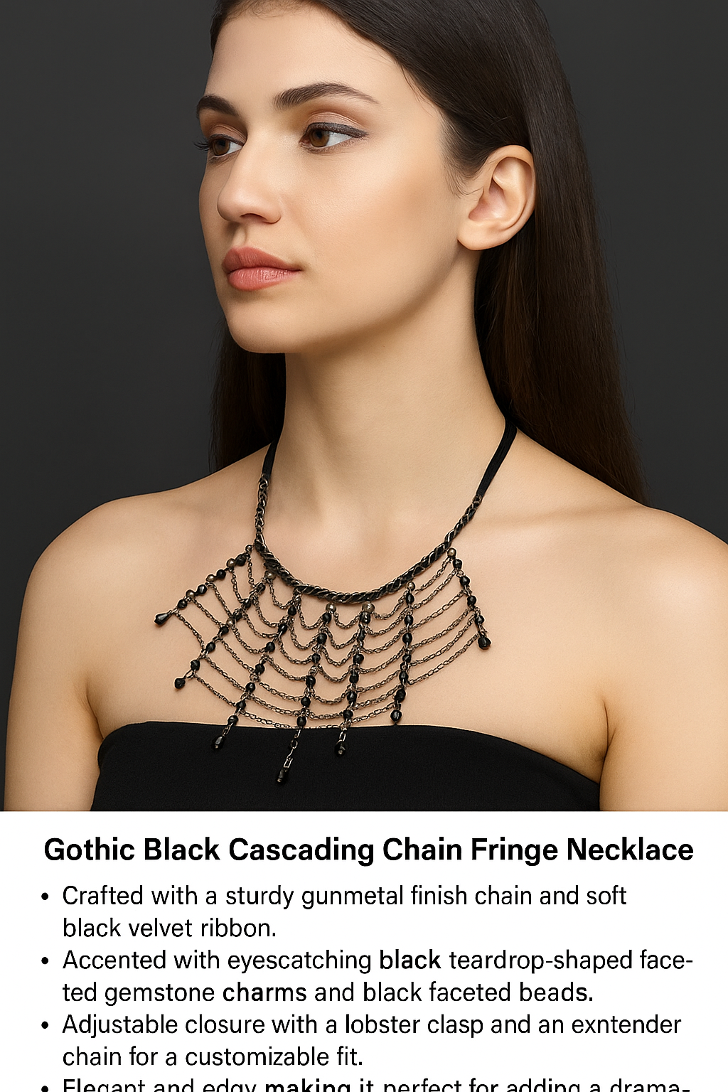 Gothic Black Cascading Chain Fringe Necklace