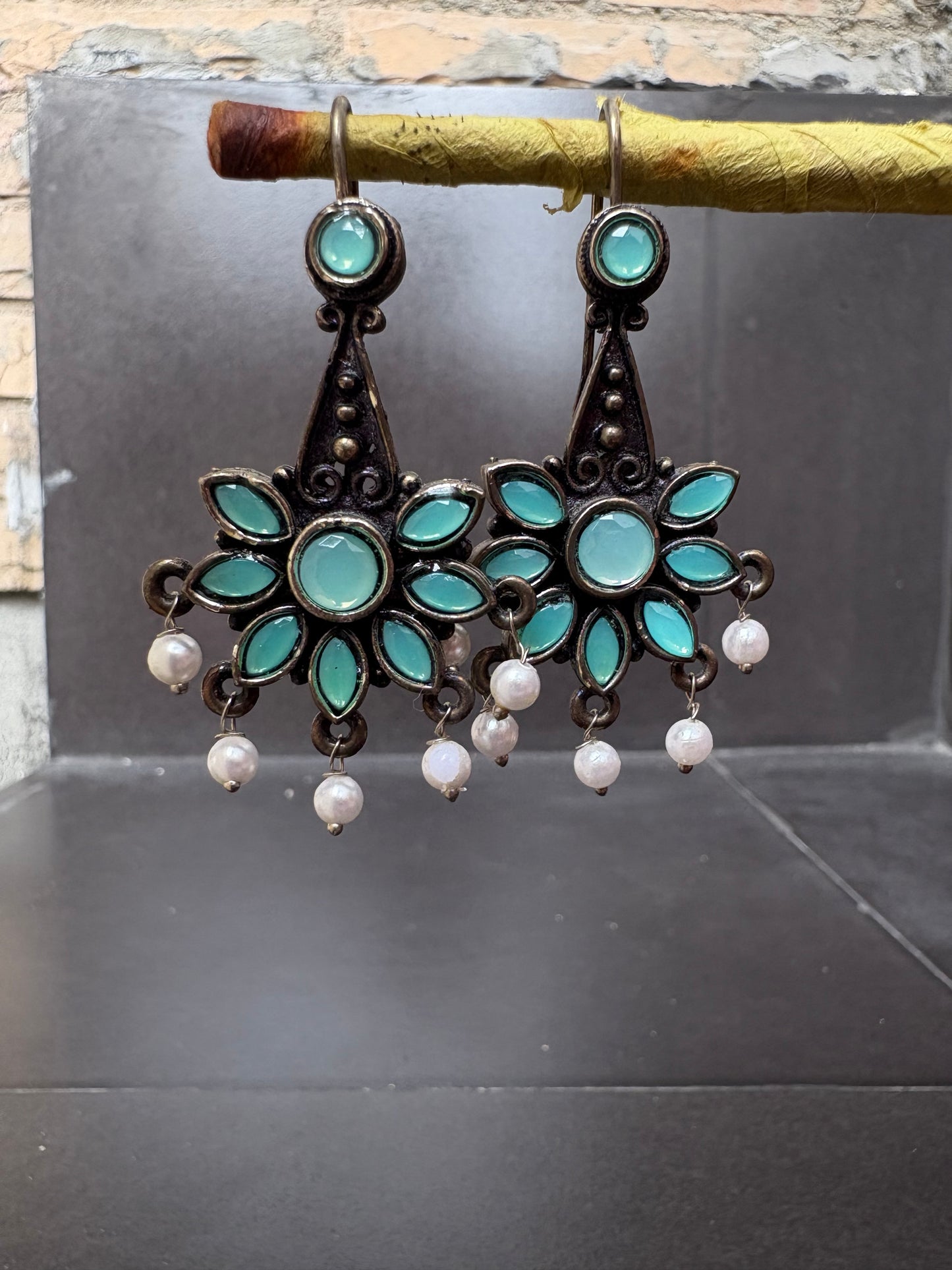 Antique Floral Drop Earrings with Mint Green Stones & Pearls