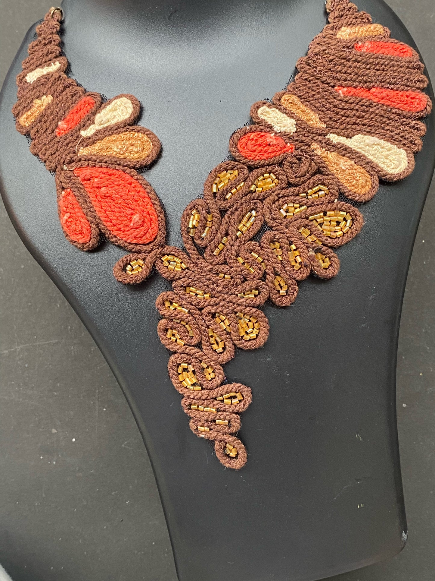 Handcrafted Macrame Statement Necklace – Earthy Brown & Red