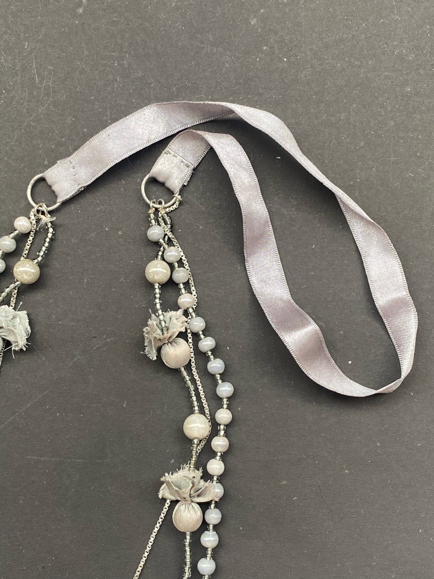 Grey Beaded Layered Necklace with Fabric Accents